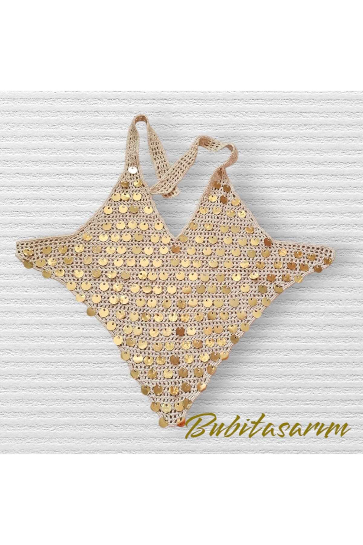 BuBi Krem Rengi Örme Pullu Crop