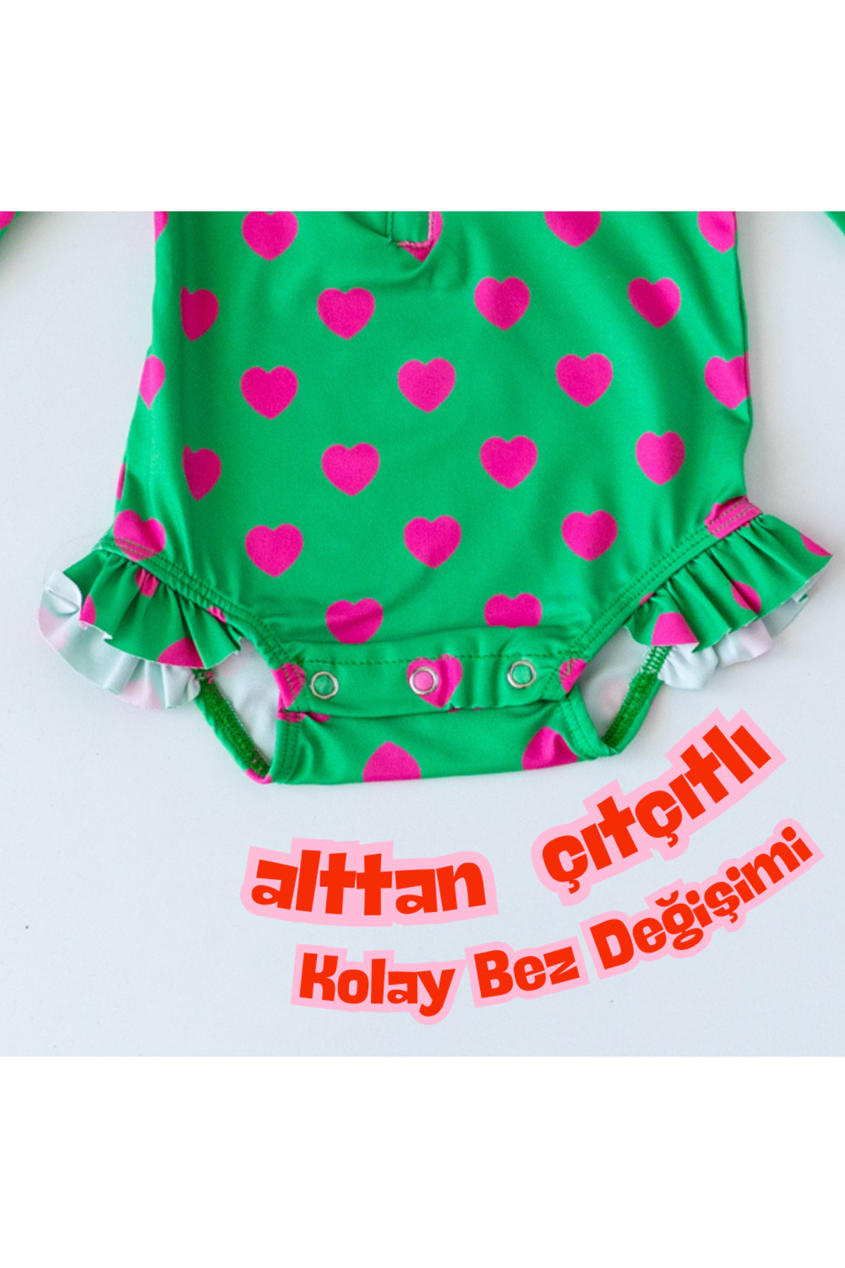 Mama Yoyo Baby Kids Önden Fermuarlı - Alttan Çıtçıtlı Mayo Kalpler Yeşil Pembe fotoğrafı 2 (önizleme)