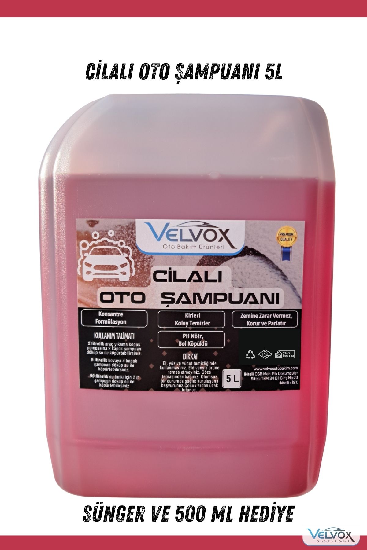 VELVOX Cilalı Oto Şampuanı Oto Köpüğü 5 LT + Sünger Hediye, Oto Köpük, Araç Şampuanı, Araç Köpüğü