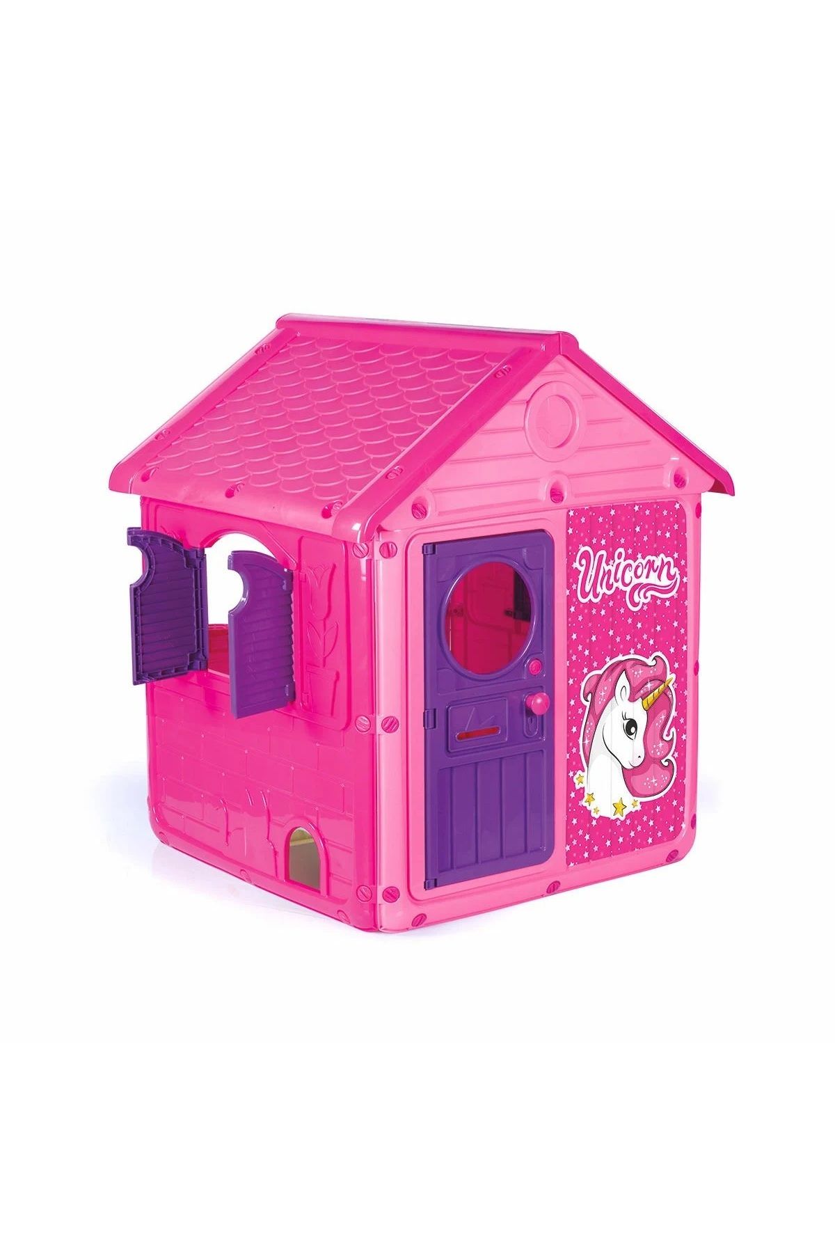 Muhcu Home Kız Çocukları İçin Pembe Kapılı Zilli Pencereli Büyük Unicorn Tasarım Oyun Evi