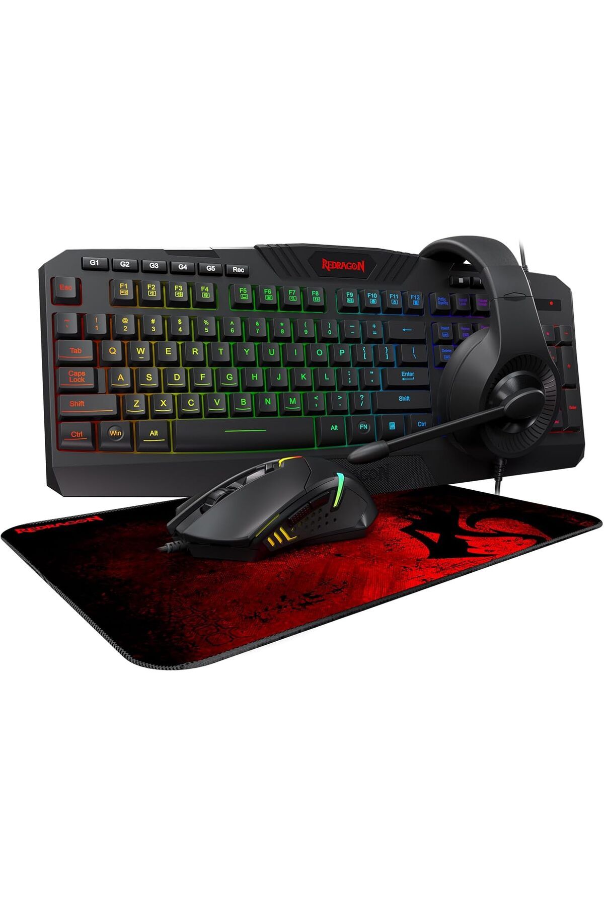 REDRAGON-Gaming Mouse with Backlighting, Gaming Keyboard, L-shaped Soundbar, Headphones with Microphone Combo 1