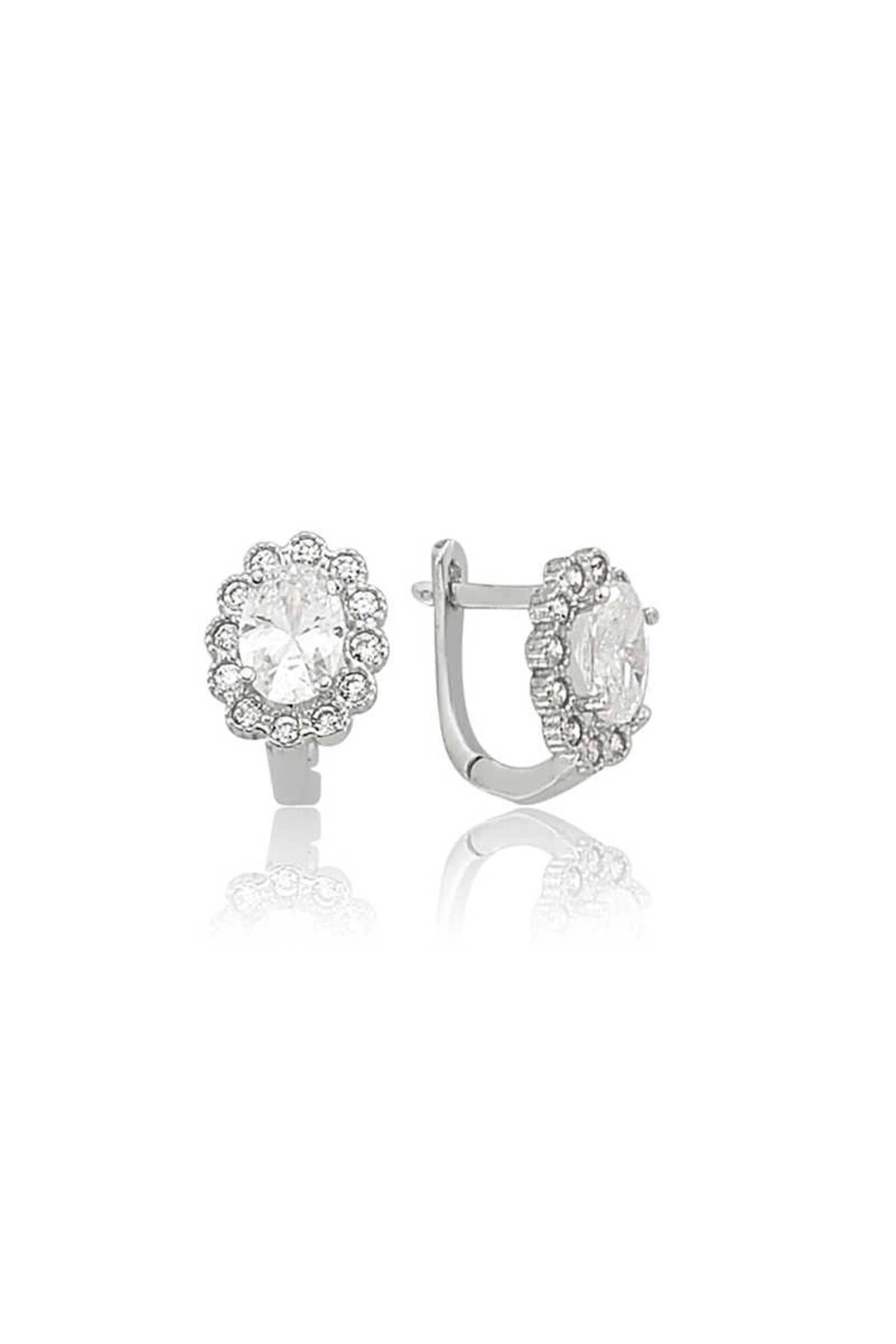 luz&pos Gümüş Oval Taşlı Çiçek Küpe