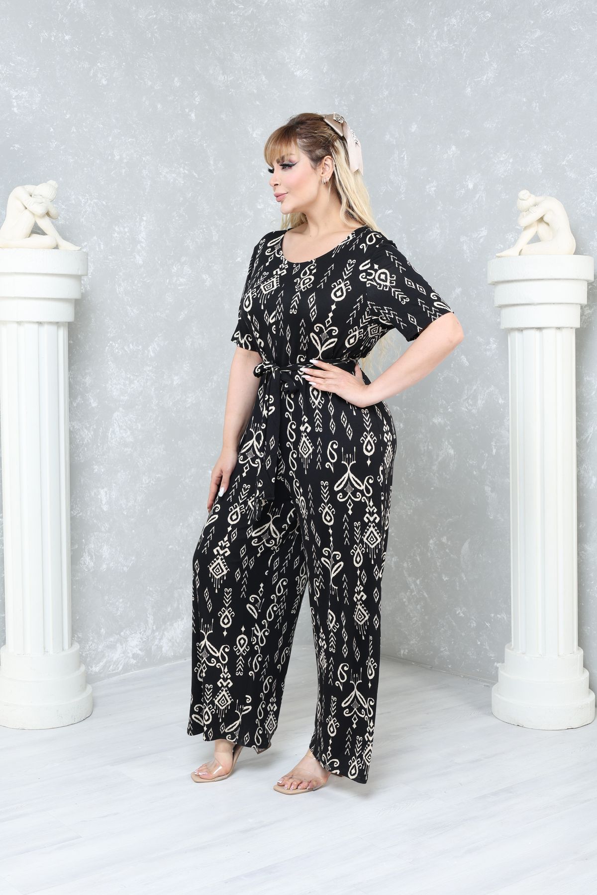 MJORA-Large Size Comfortable Patterned Viscose Knitted Jumpsuit 6