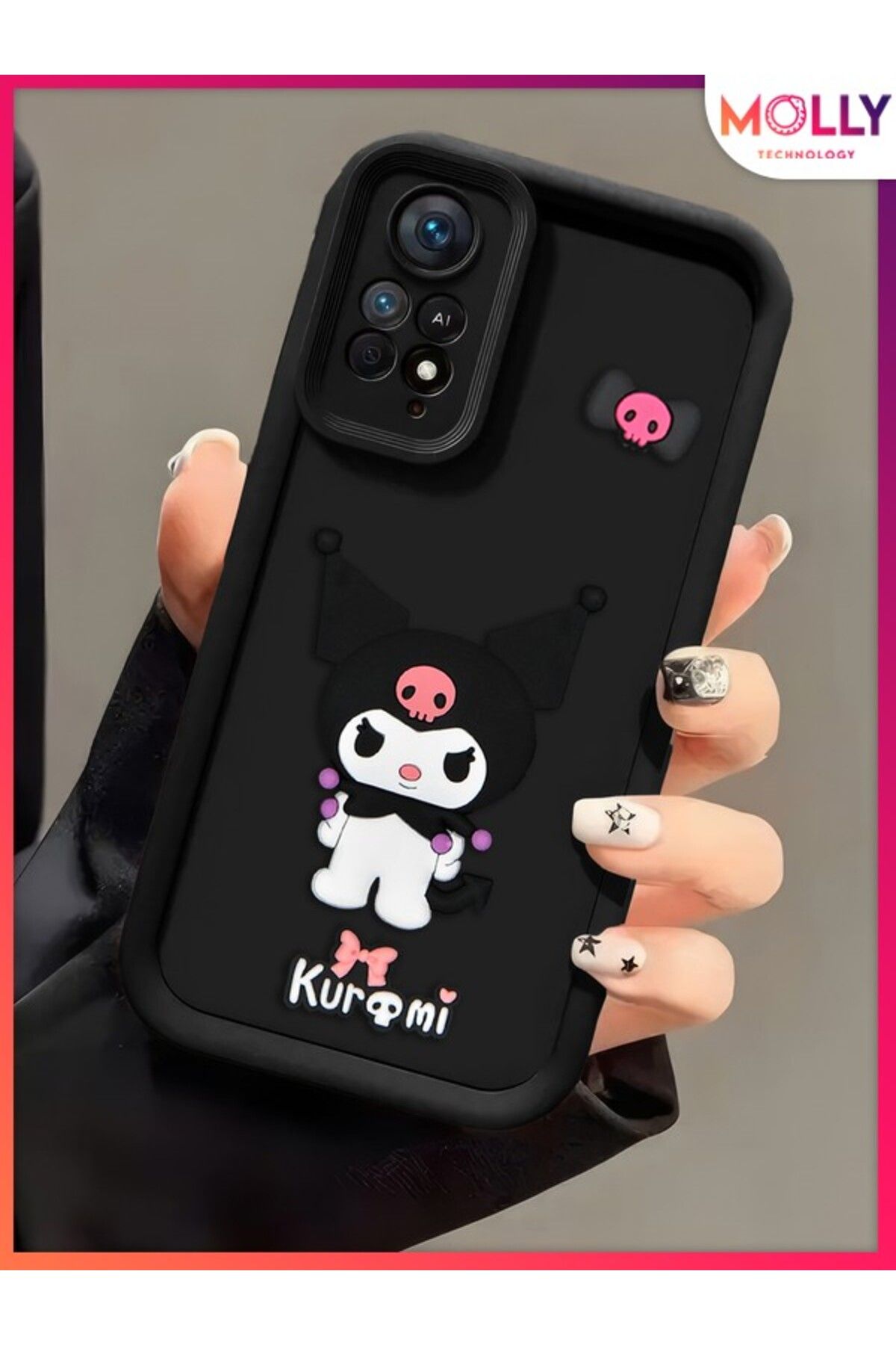 Molly Xiaomi Redmi Note 11 Pro İçin Siyah Kenarları Kalın 3d Kabartmalı Kawaii Kuromi Silikon Kılıf