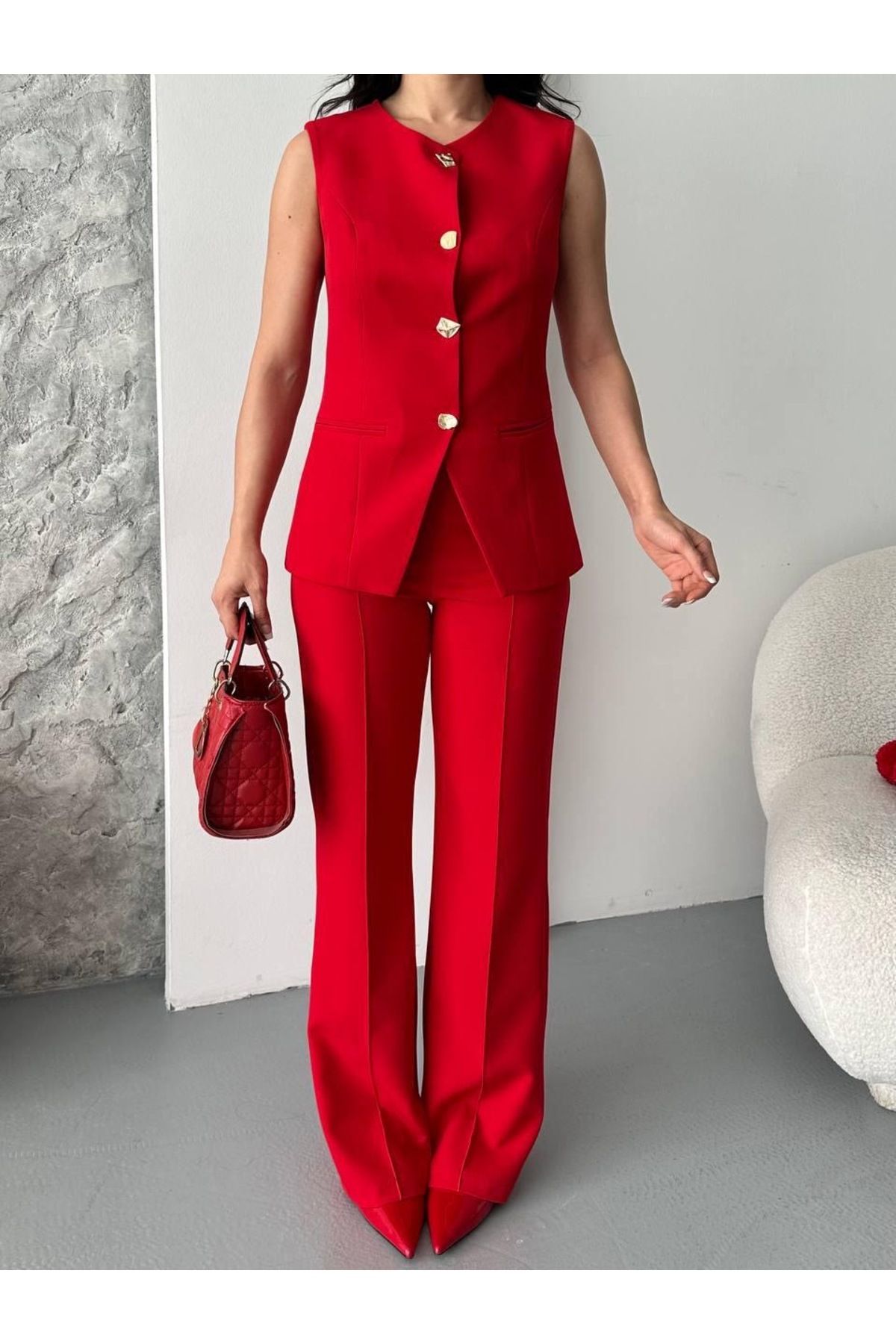 Ekim Store Taş Düğmeli Blazer Yelekli Pantolon Takım