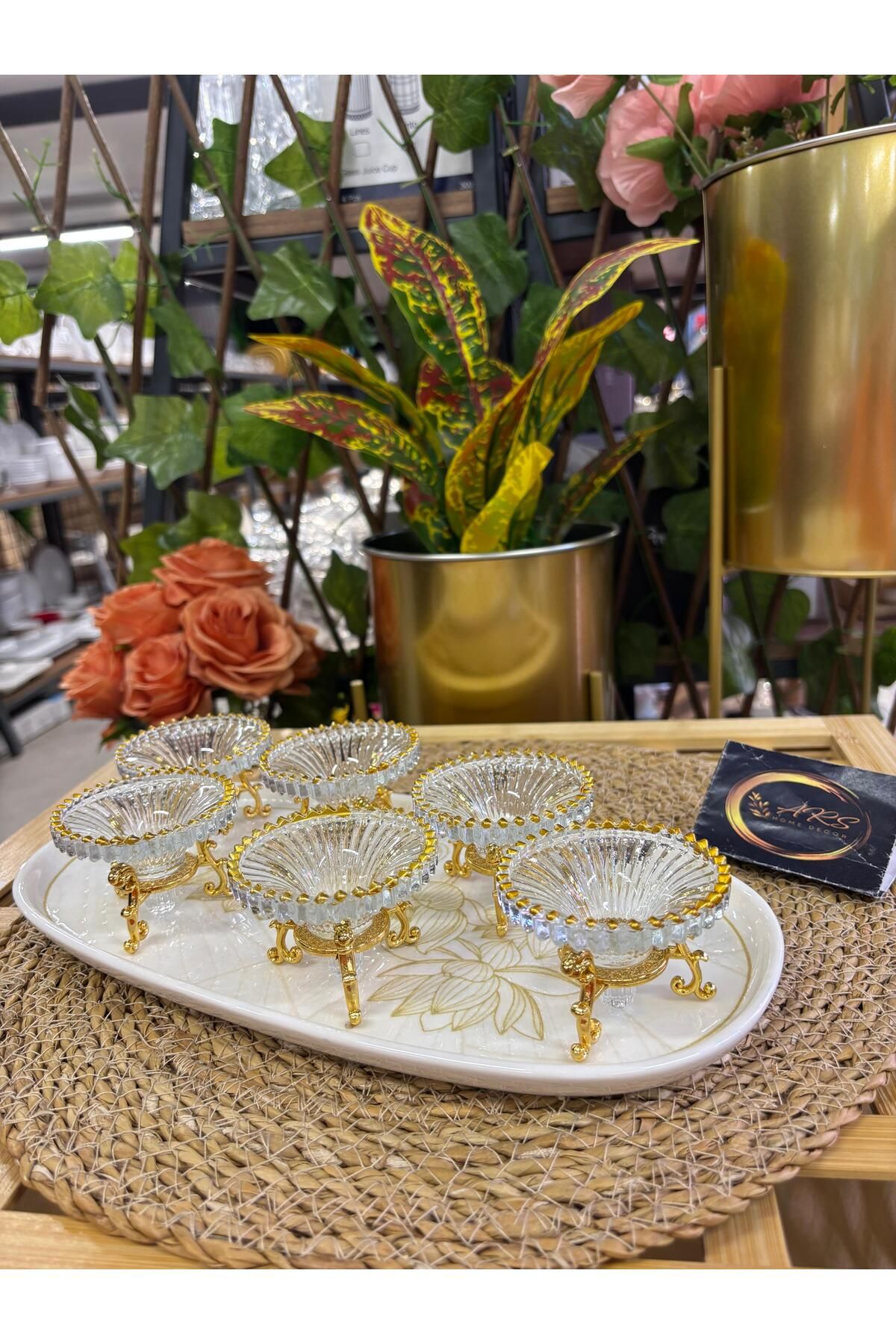 ARS HOME DEKOR Yaldızlı Gold Metal Ayaklı Lokumluk, Sunumluk, Sosluk, Tabak, Mini Ayaklı Kase, Kahveyanı Şekerlik