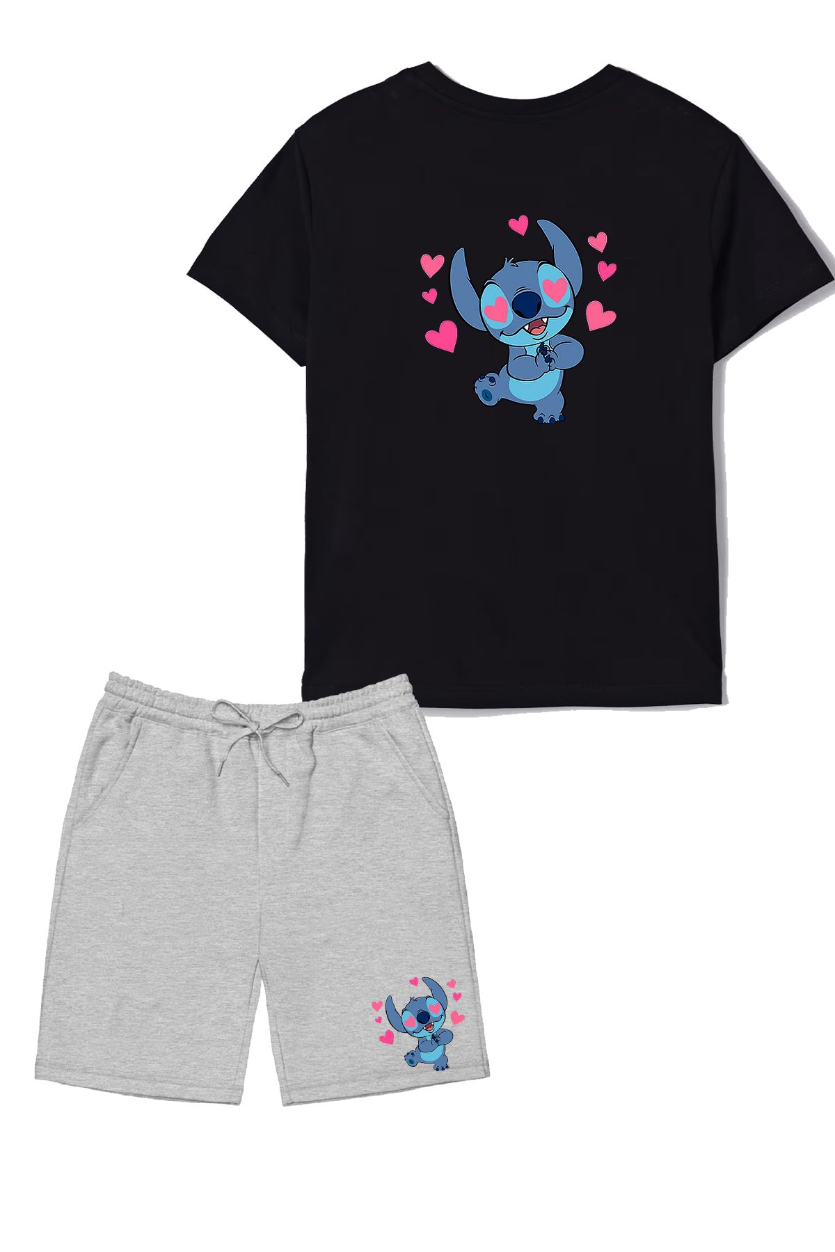 makiteks 2'li Set Baskılı Kız Çocuk Pamuk Şort Tshirt Takım Lilo Stitch05 5 6 7 8 9 10 11 12 13 14 yaş Tişört