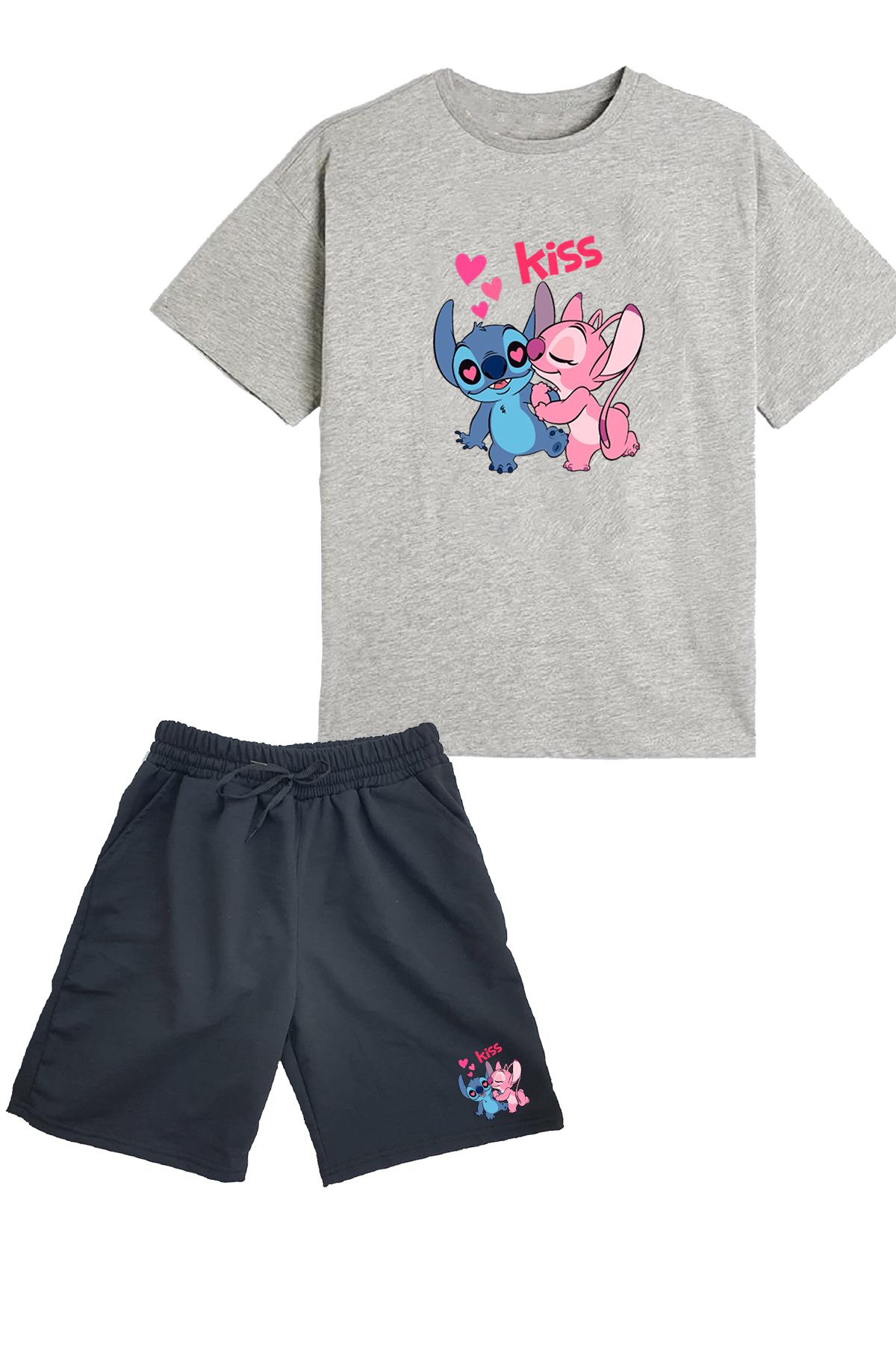 makiteks 2'li Set Baskılı Kız Çocuk Pamuk Şort Tshirt Takım Lilo Stitch04 5 6 7 8 9 10 11 12 13 14 yaş Tişört