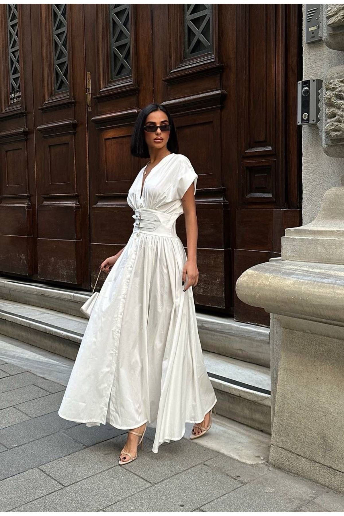 Ekim Store Beli Çift Kemerli Maxi Elbise