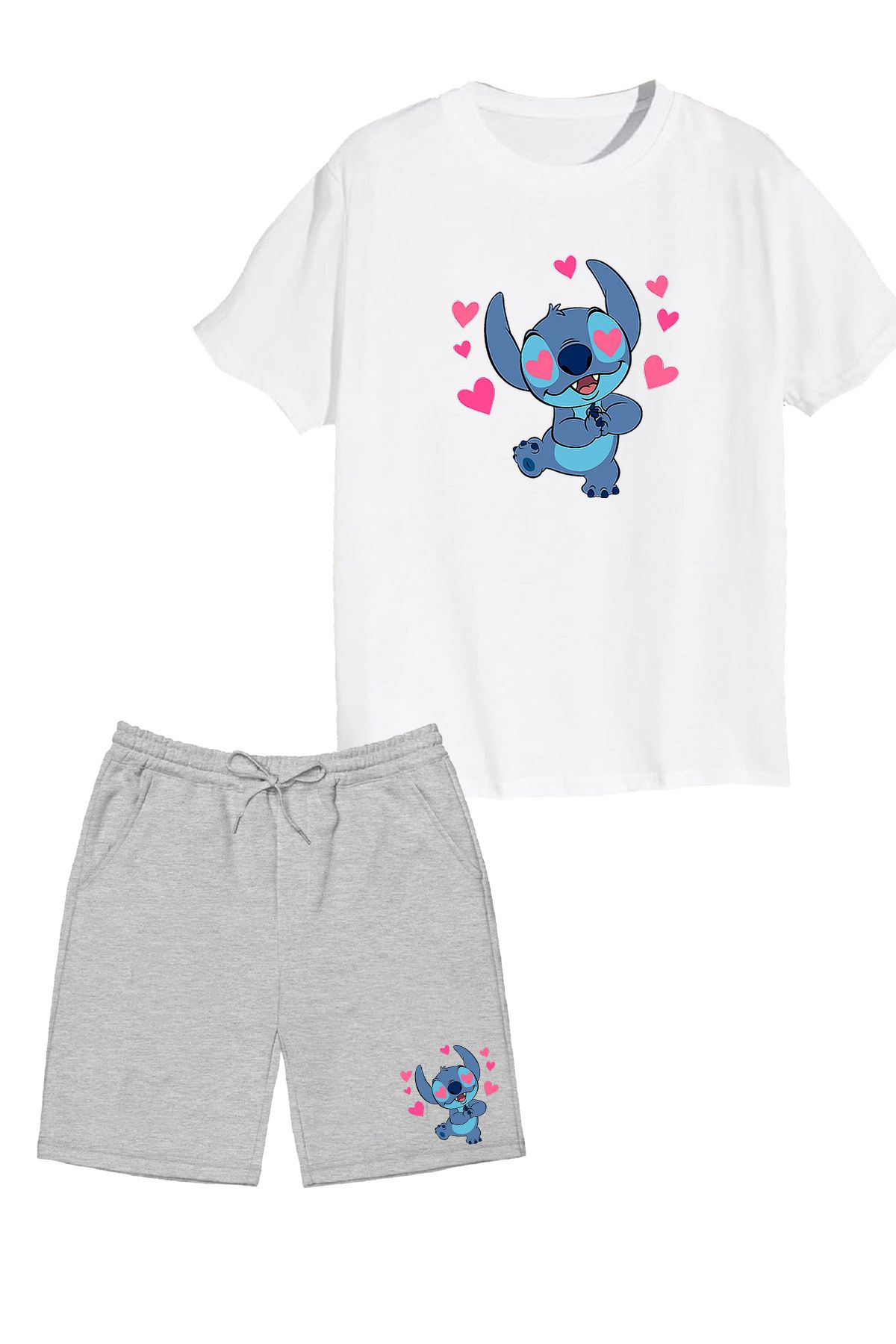 makiteks 2'li Set Baskılı Kız Çocuk Pamuk Şort Tshirt Takım Lilo Stitch05 5 6 7 8 9 10 11 12 13 14 yaş Tişört