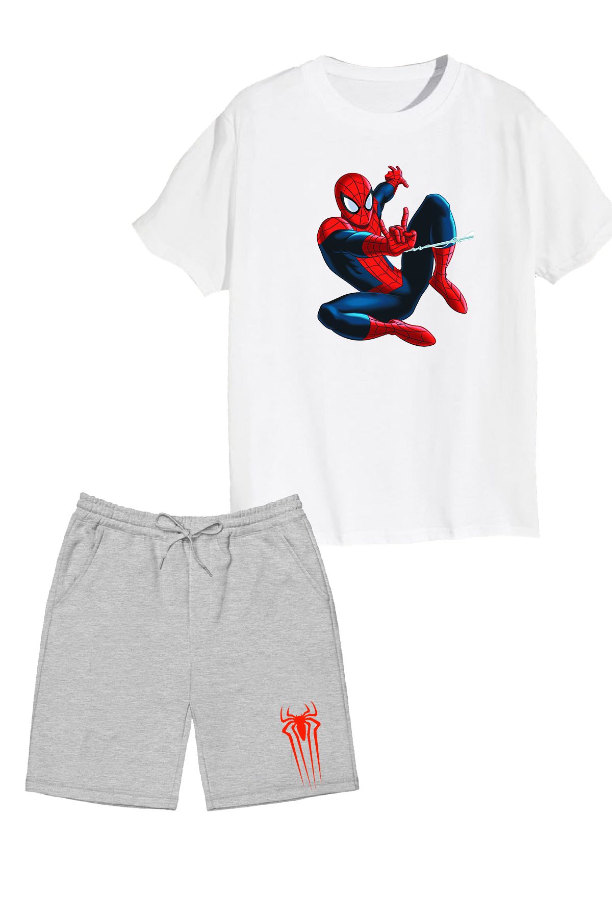 makiteks 2'li Set Baskılı Erkek Çocuk Pamuk Şort Tshirt Takım Örümcekadam 5 6 7 8 9 10 11 12 13 14 yaş Tişört