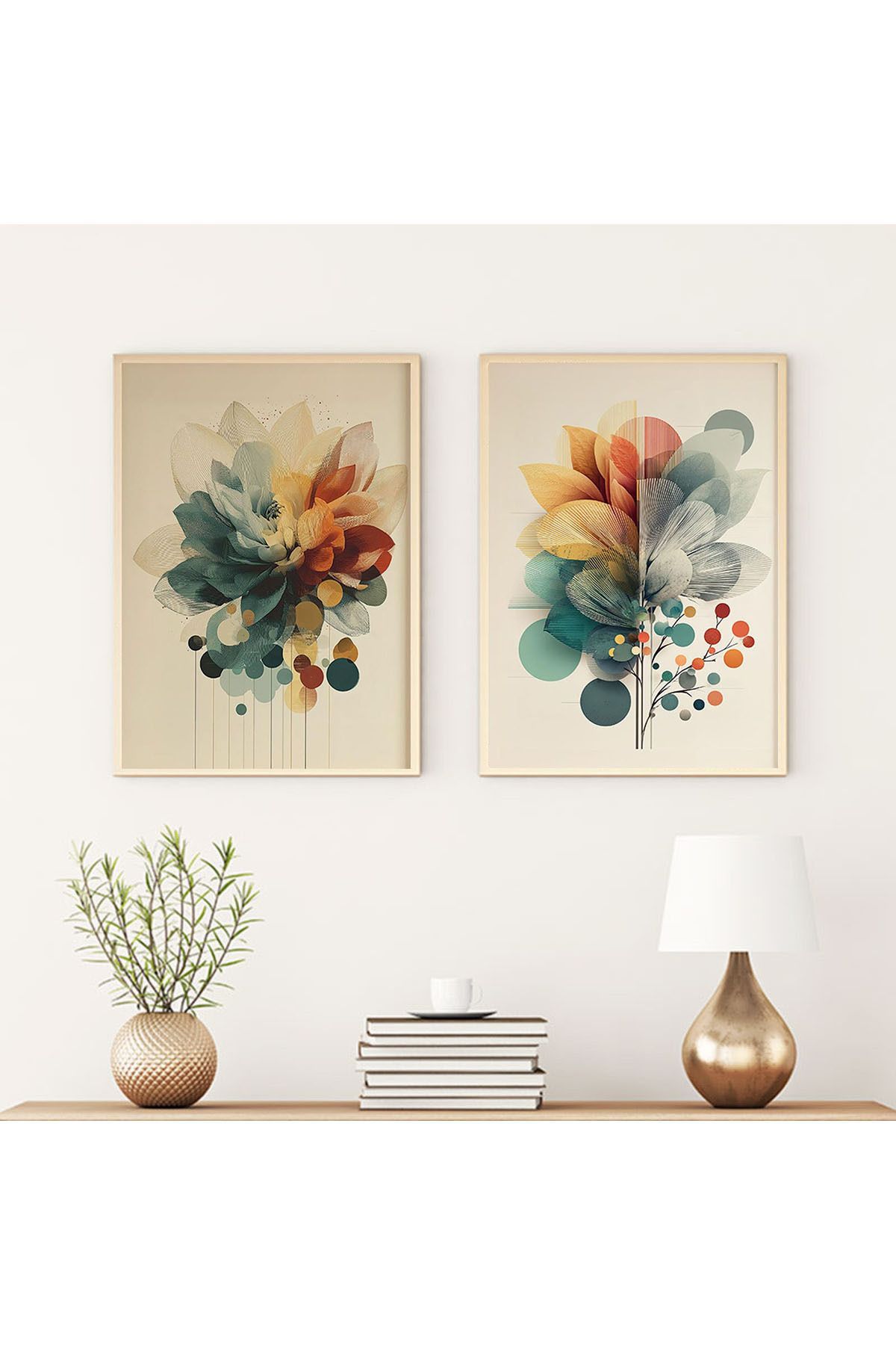 Artte Ahşap Çerçeveli Soyut Renkli Çiçek Desenli 2’li Modern Tablo