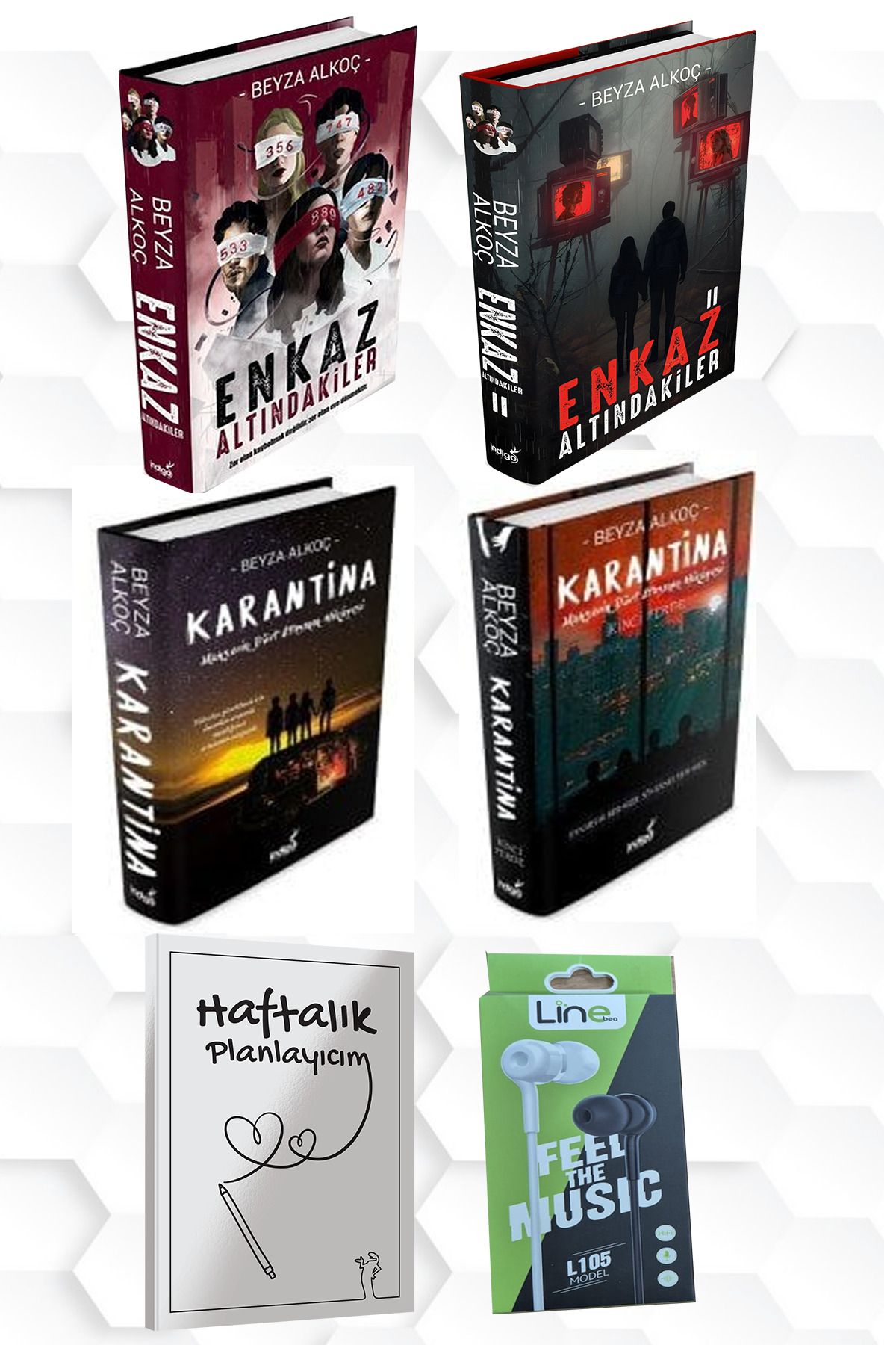 İndigo Kitap CİLTLİ-BEYZA ALKOÇ-ENKAZ ALTINDAKİLER 1 VE 2-KARANTİNA 1 VE 2+HAFTALIK PLANLAYICIM VE KULAKLIK