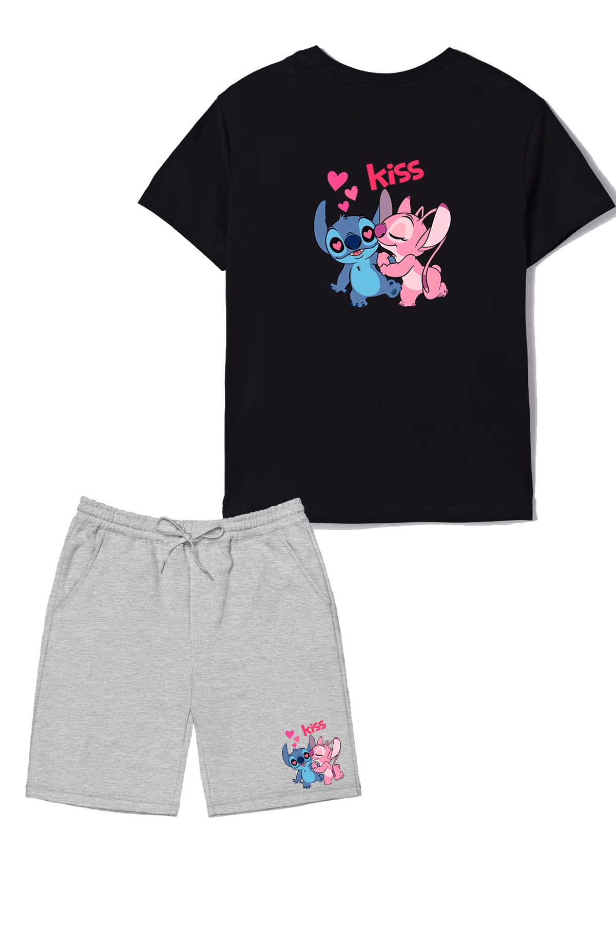 makiteks 2'li Set Baskılı Kız Çocuk Pamuk Şort Tshirt Takım Lilo Stitch04 5 6 7 8 9 10 11 12 13 14 yaş Tişört