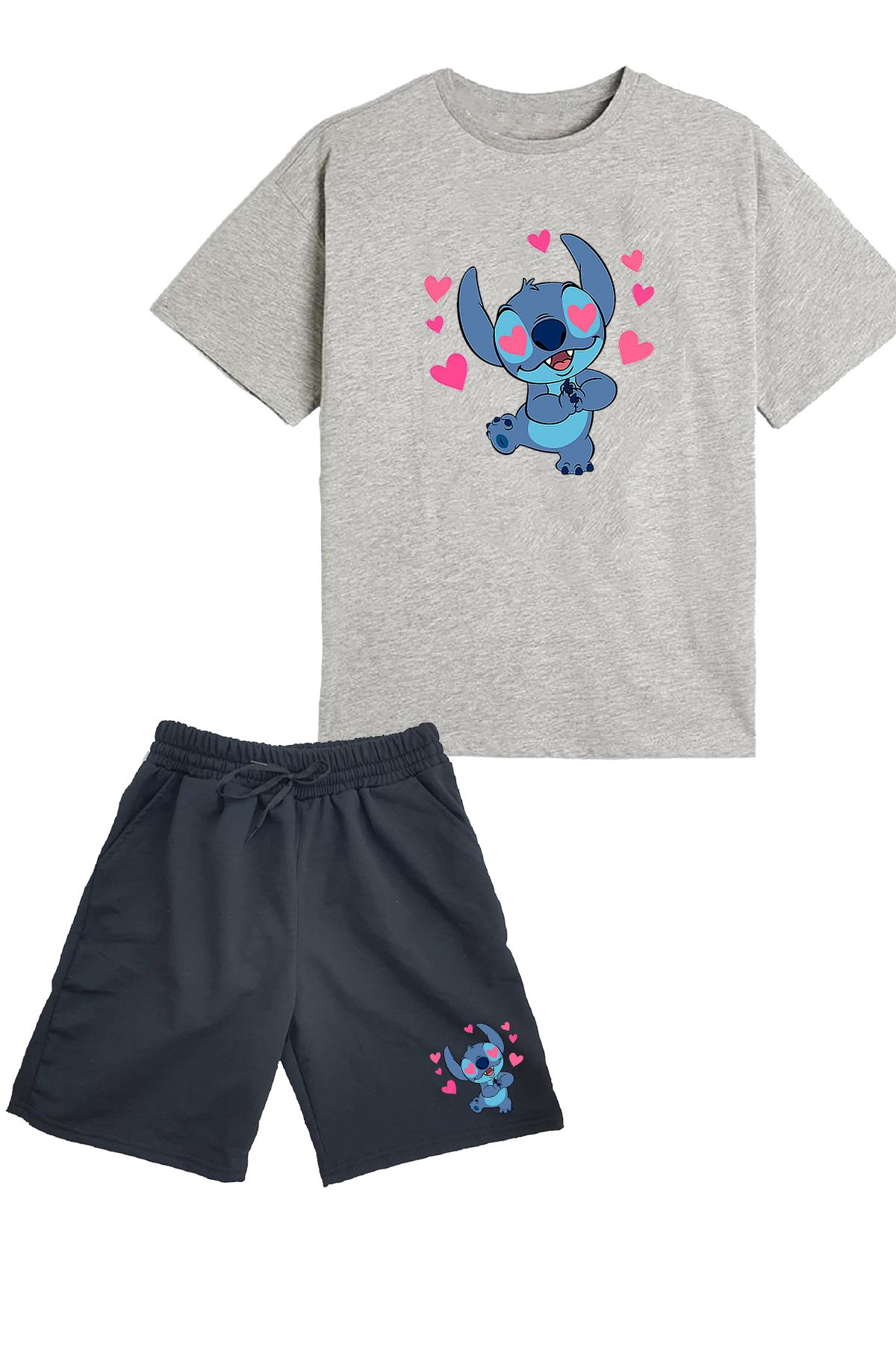 makiteks 2'li Set Baskılı Kız Çocuk Pamuk Şort Tshirt Takım Lilo Stitch05 5 6 7 8 9 10 11 12 13 14 yaş Tişört