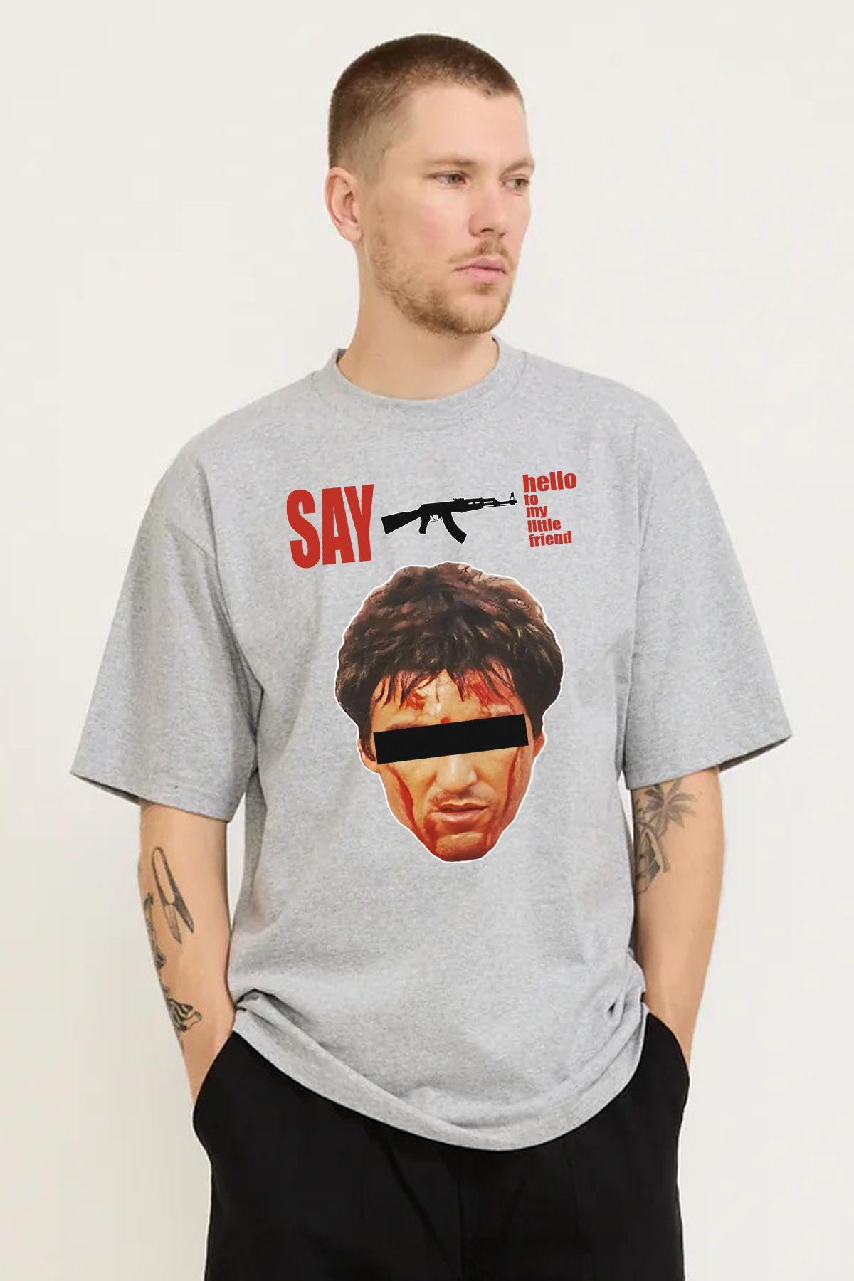 MODA Scarface Al Pacino Baskılı Erkek Gri Melanj Oversize Tişört