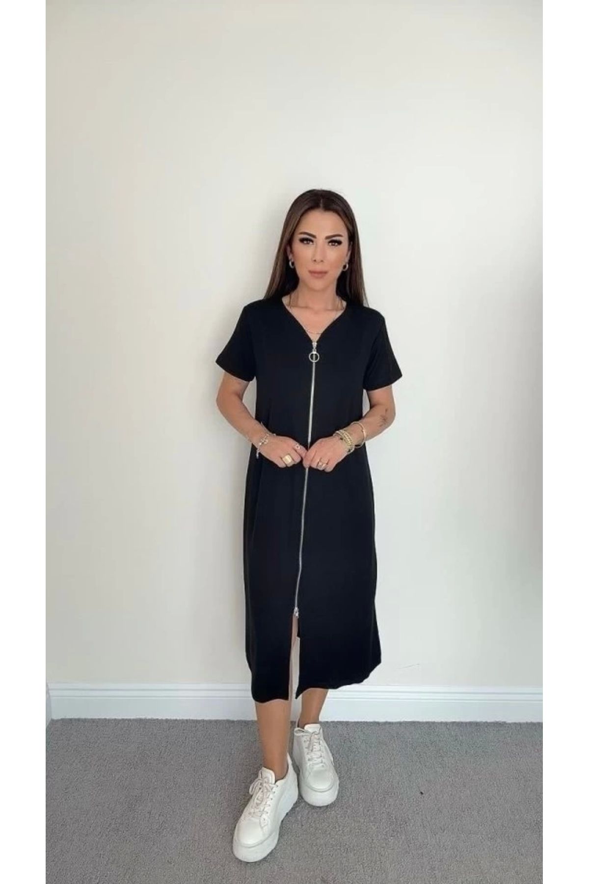 Butik Kadın Kristal Kumaş Fermuar Detaylı Elbise