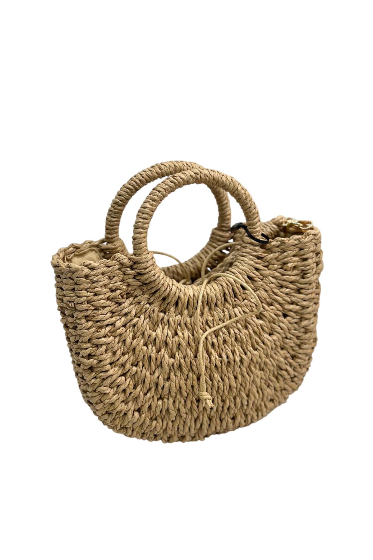 Kairon Accessories Katı Sert Örgü Yarım Ay Saplı Askılı Astar Büzgülü Bohem Mini Boy Hasır Çanta Kadın Omuz El Çanta