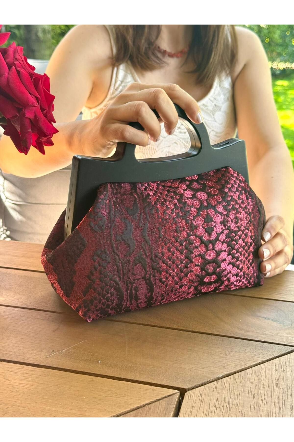 JOPHIEL Raphael - Ahşap Burslu Kumaş Çanta, Clutch, El Çantası, Portföy, Kadın Çanta, Çanta