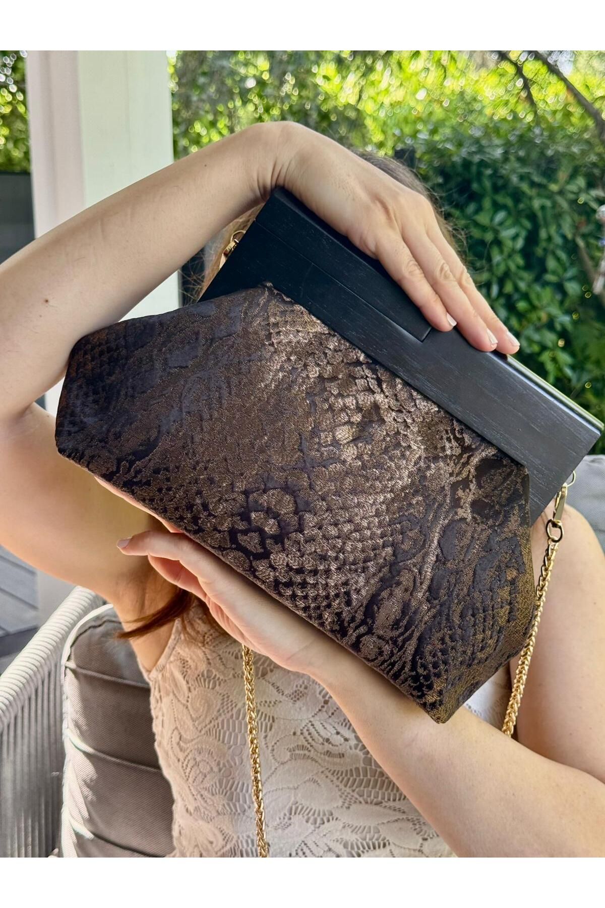 JOPHIEL Bahram Petite - Zincirli, Ahşap Burslu Kumaş Çanta, Clutch, El Çantası, Kol Çantası, Omuz Çantası