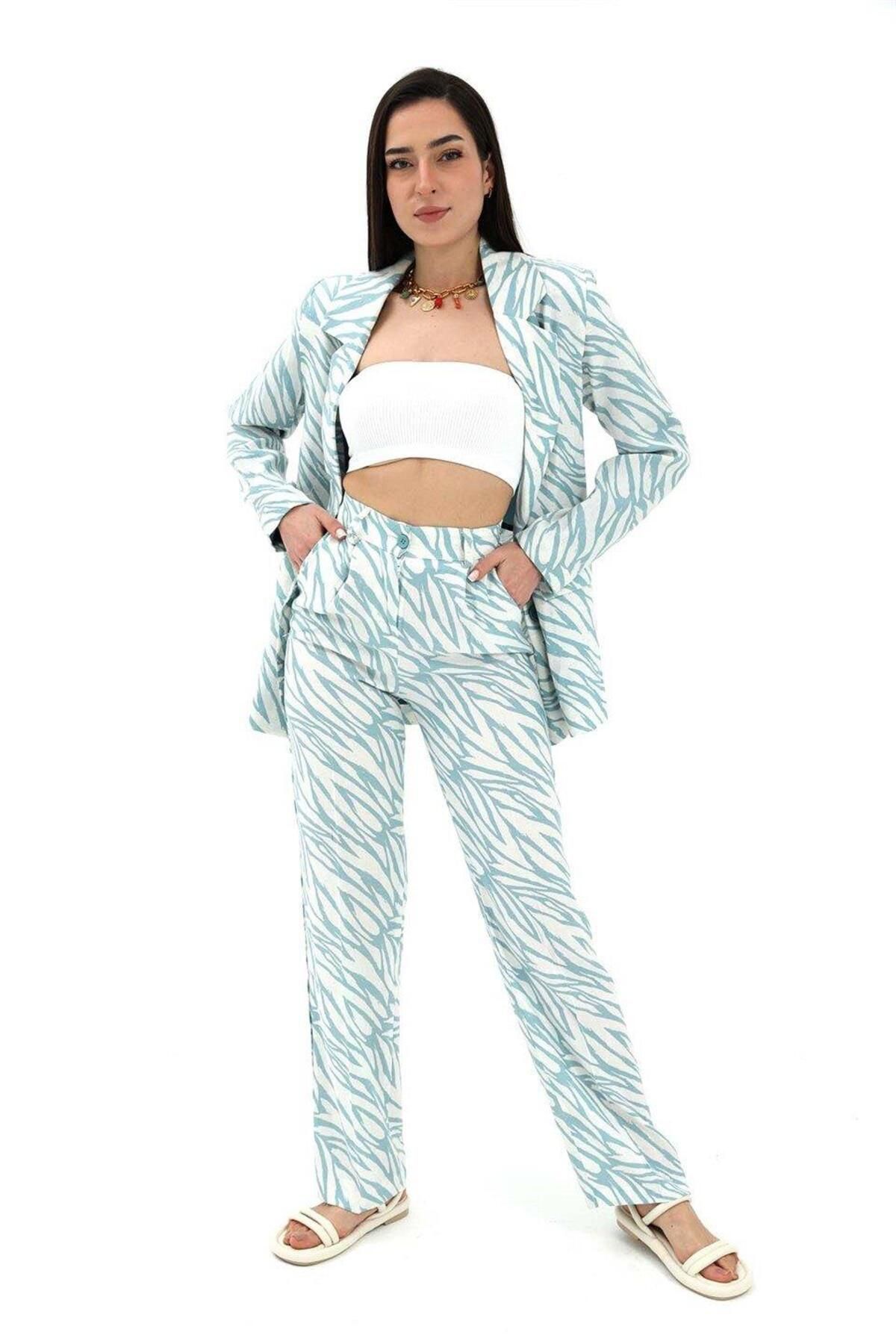 LLOHA Zebra Desen Yüksek Bel Keten Pantolon - Mavi