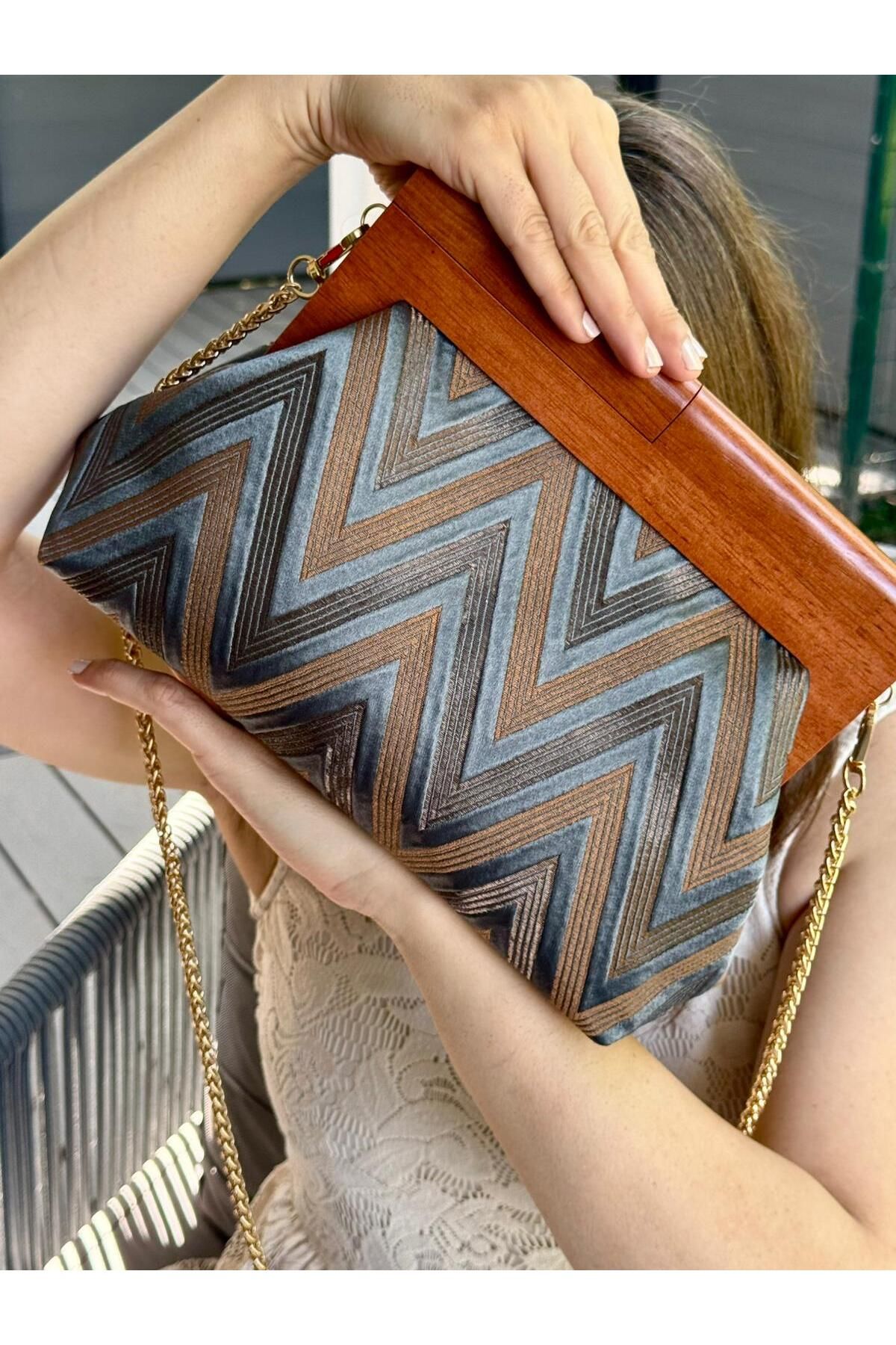 JOPHIEL Bahram Petite - Zincirli, Ahşap Burslu Kumaş Çanta, Clutch, El Çantası, Kol Çantası, Omuz Çantası