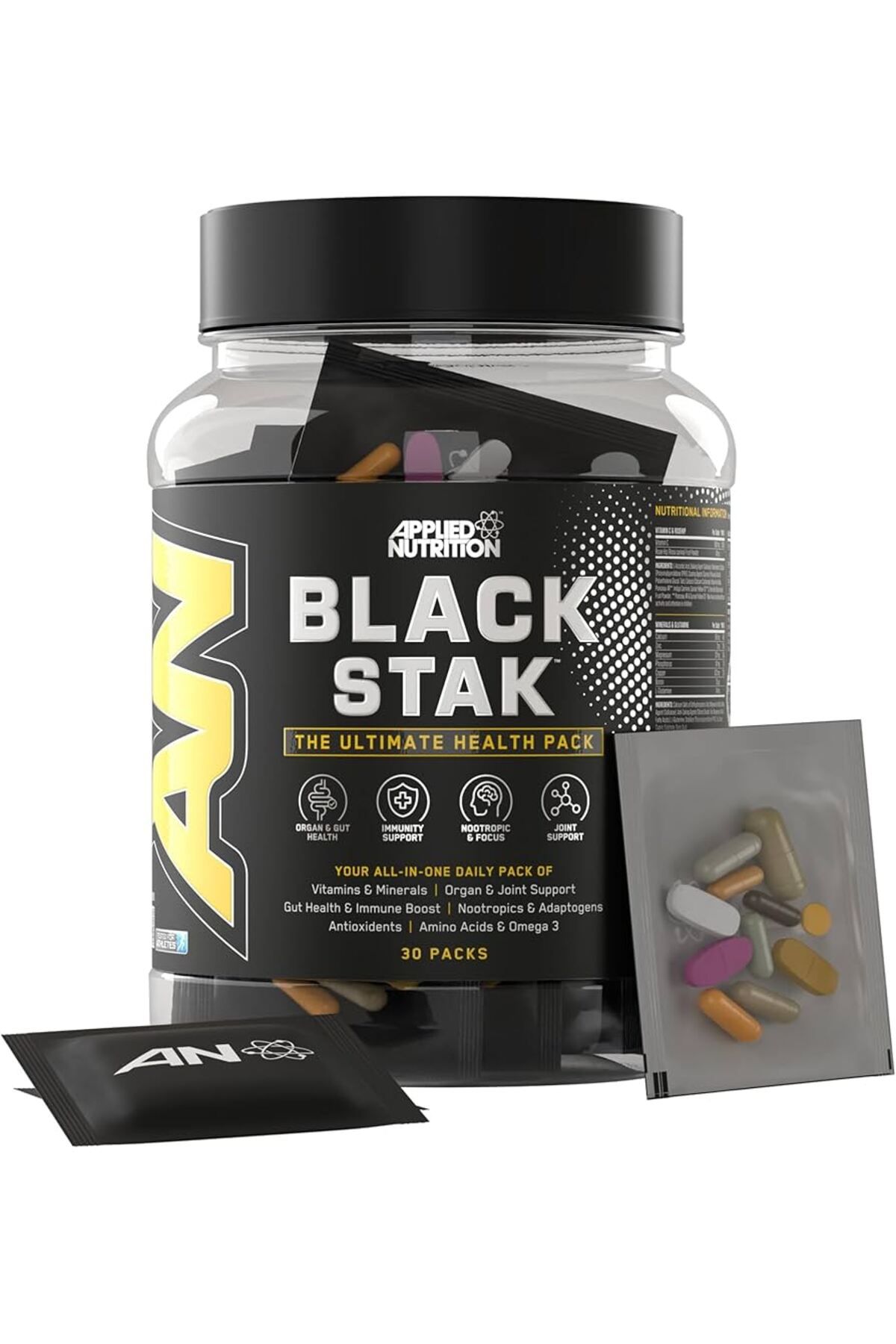 applied nutrition Black Stak-The Immune Multivitamin Antioxidant Amino Nootropic Join support 30 pac