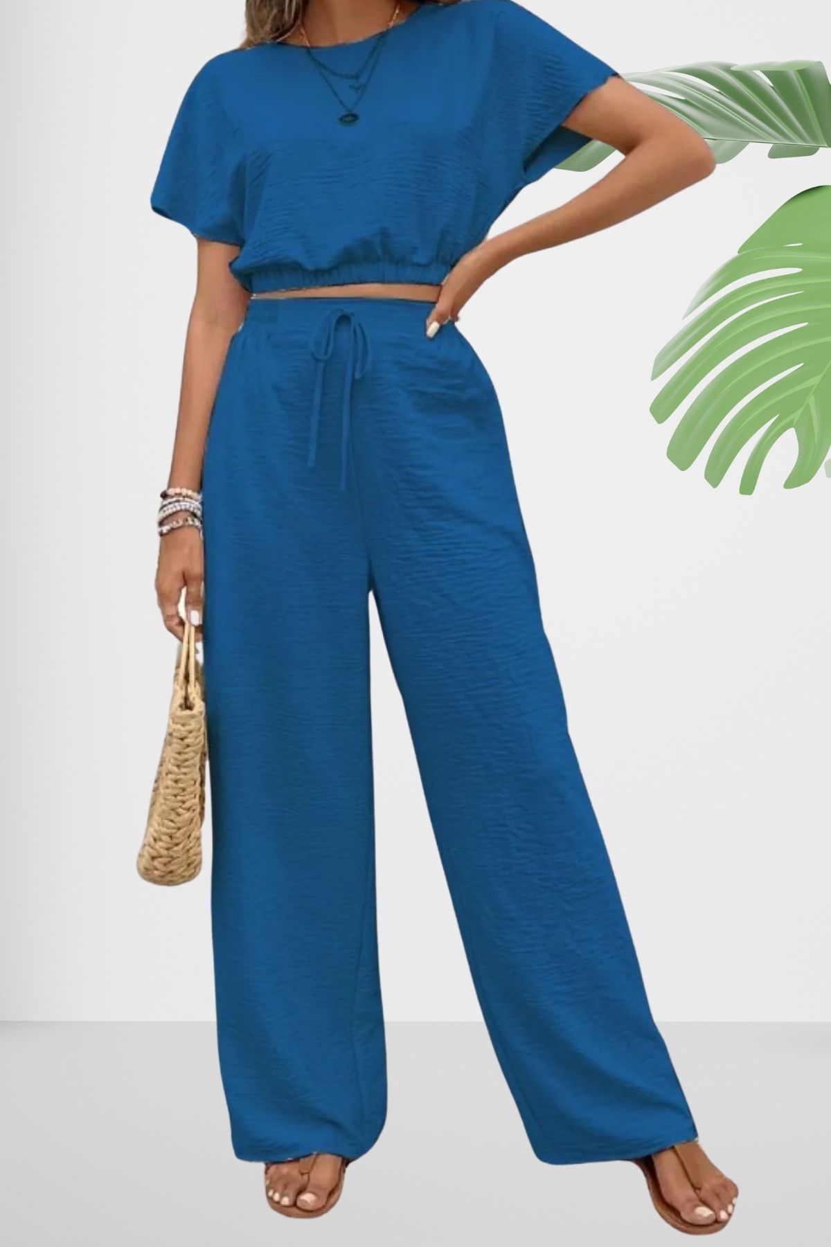 Ferhatlı Kadın Yazlık Keten Krinkıl Kumaş Kısa Kollu Crop 2li Bluz Bürümcük Takım