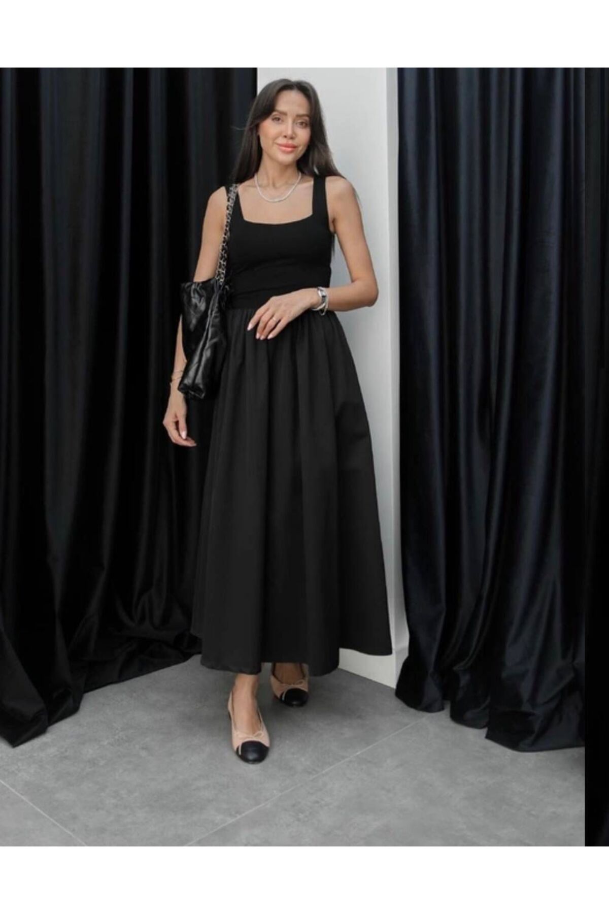 Hotfashion Kare Yaka Fitilli Kolsuz Elbise