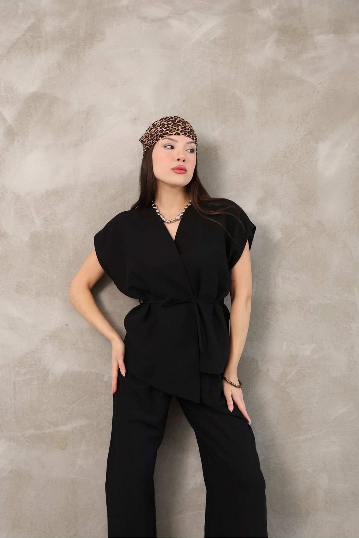 Ekim Store İp Kemerli Blazer Yelekli Pantolon Takım