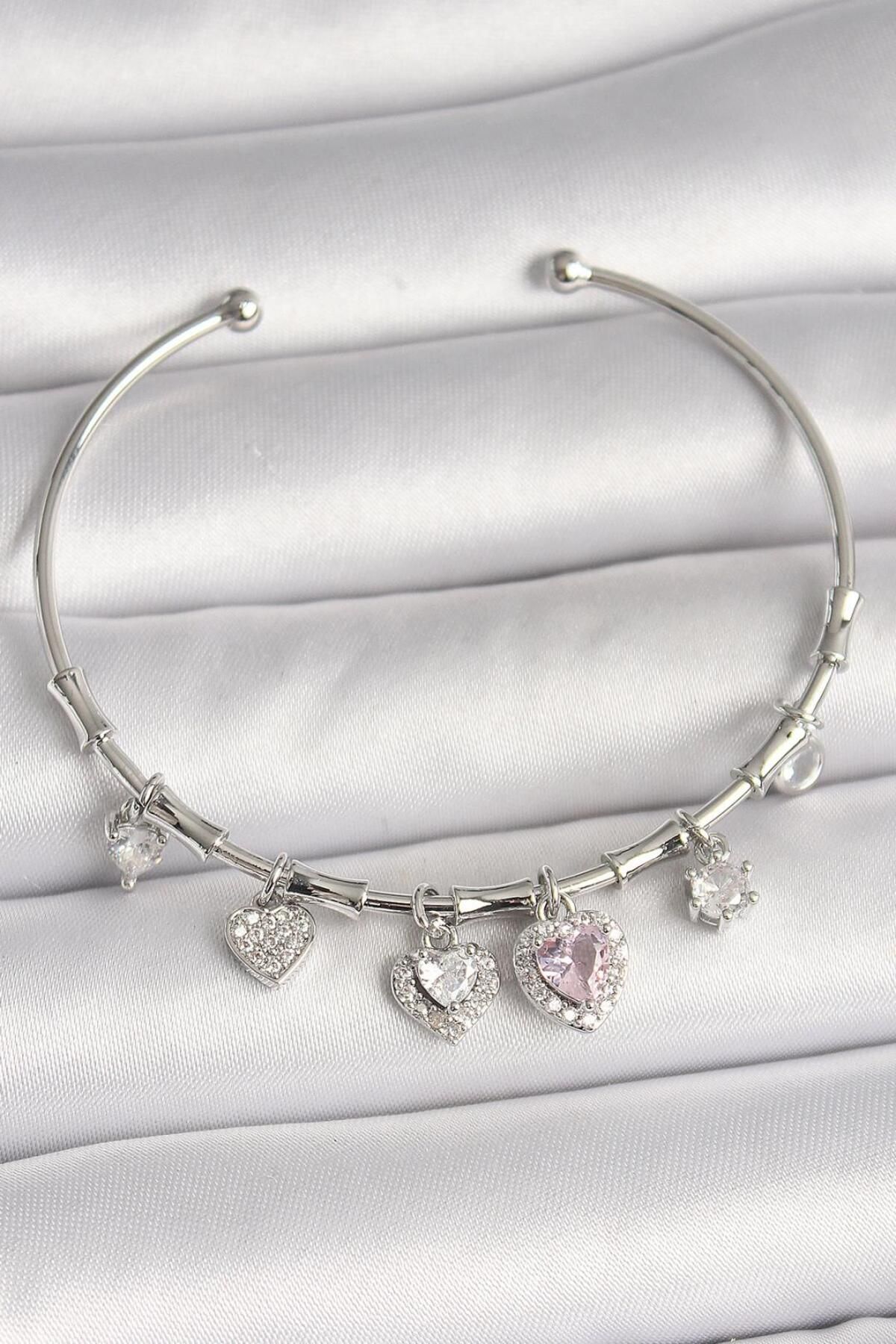 Lunira Pirinç Gümüş Renk Sallantı Pembe Zirkon Taşlı Kalp Model Charm Kadın Bileklik