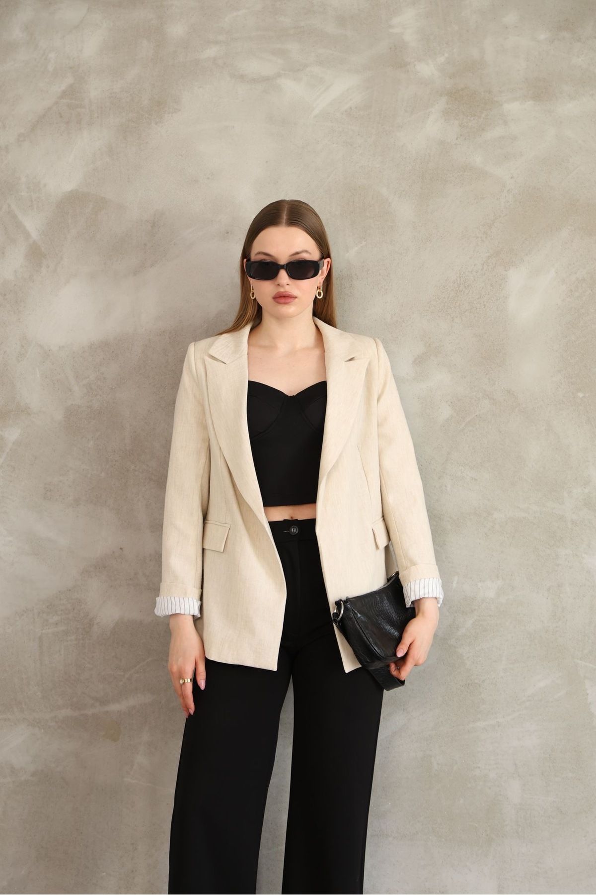 Ekim Store Keten İç Astarlı Çizgili Blazer Ceket
