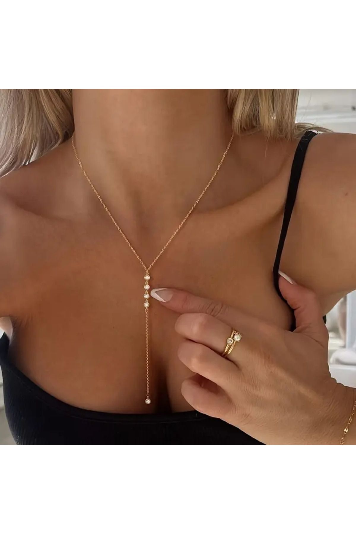 LAVİNYAMJEWELLERY IŞILTILI SENTETİK Y MODEL YAPAY KRİSTAL KOLYE