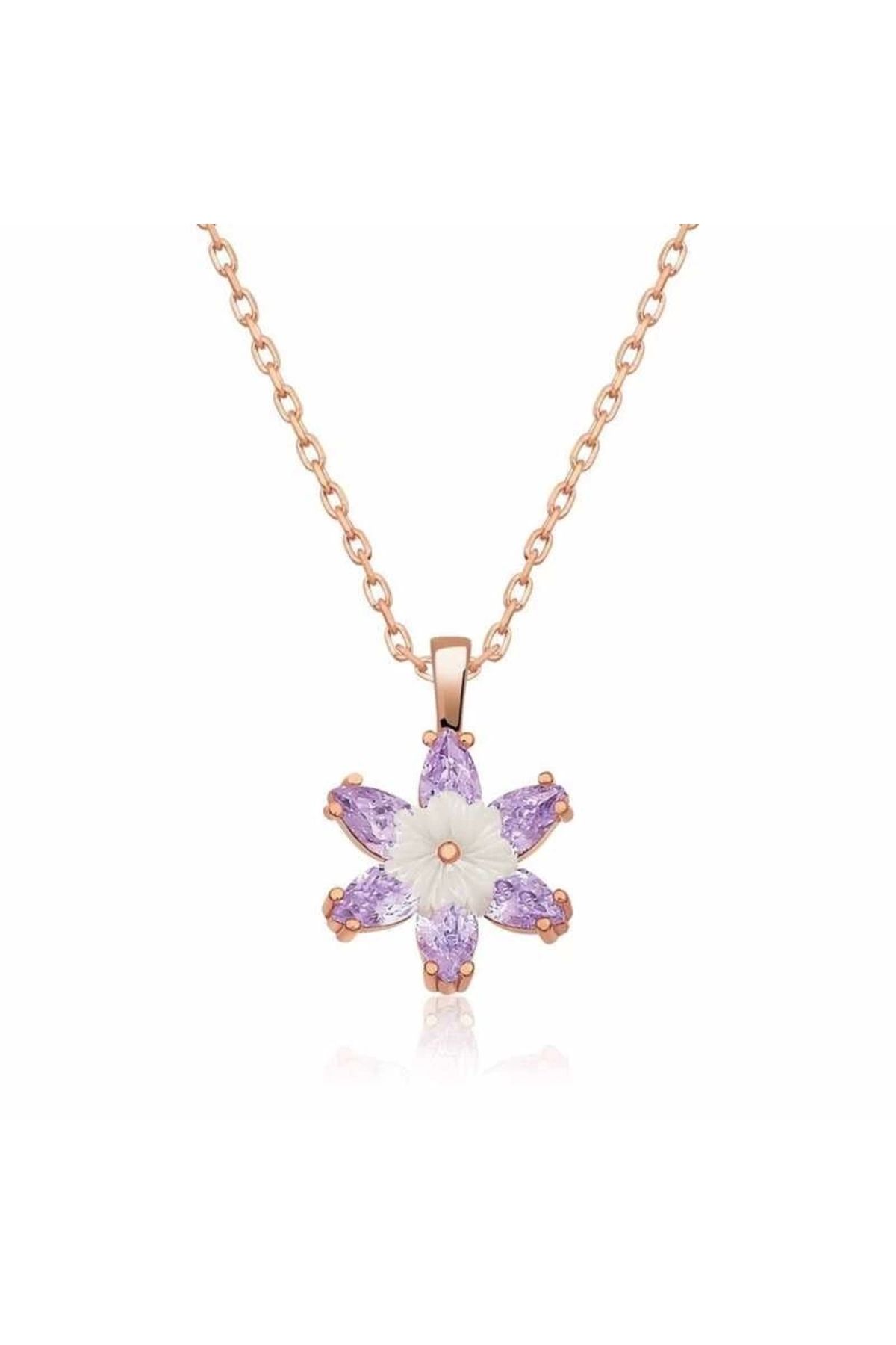 luz&pos Gümüş Rose Lila Lotus Çiçeği Kolye