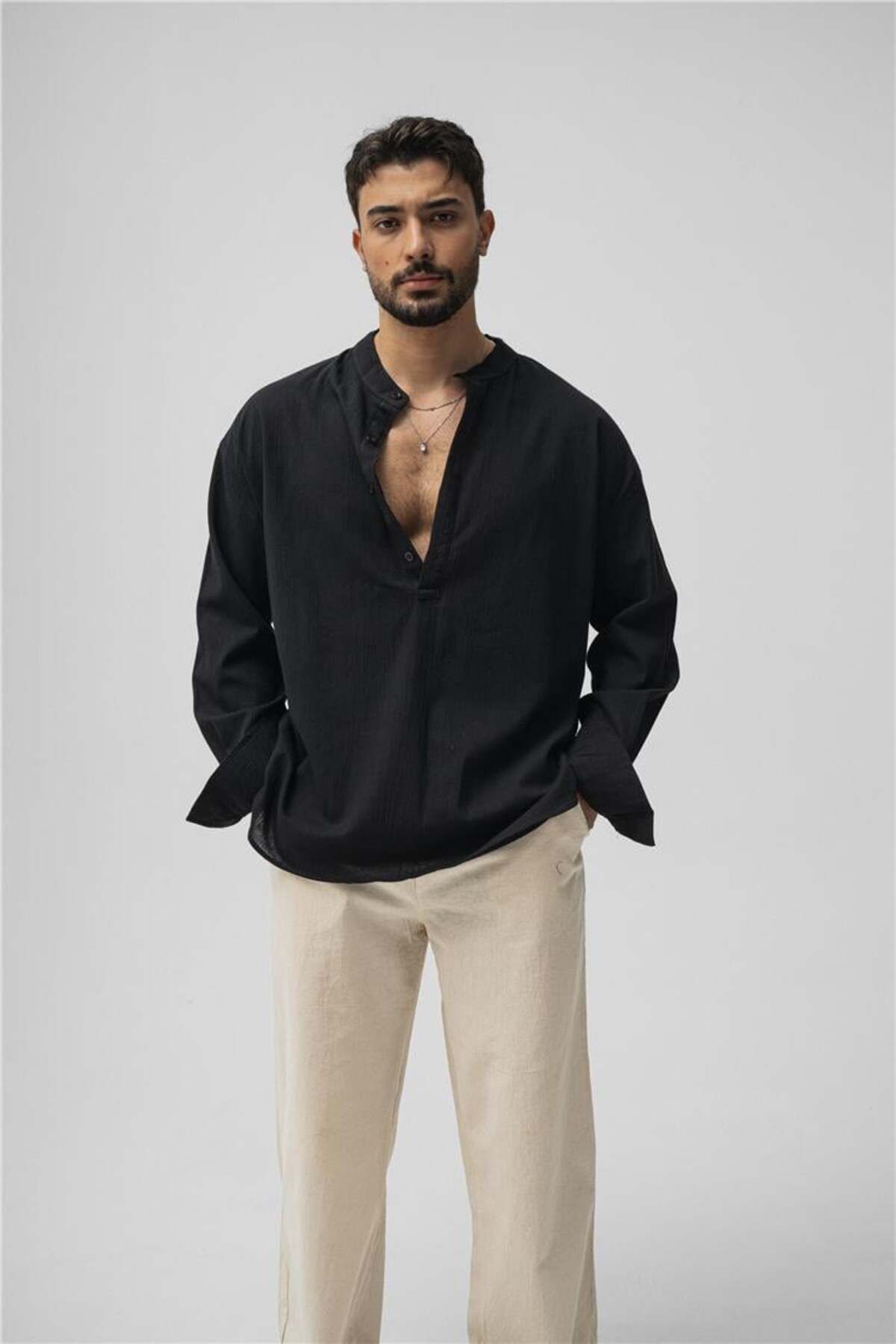 OUTFİT MAN Erkek Oversize Keten T-Shirt Siyah