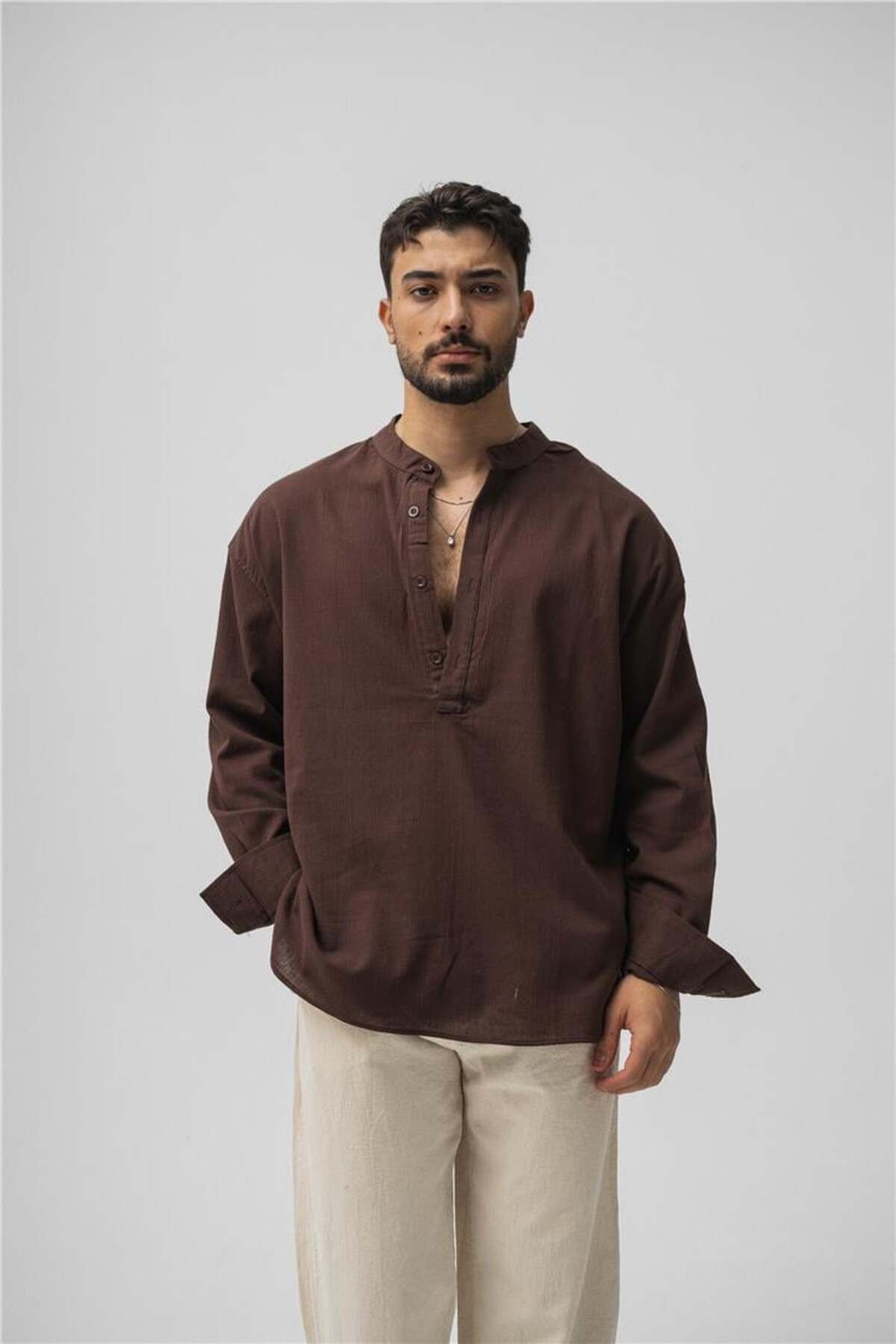 OUTFİT MAN Erkek Oversize Keten T-Shirt Kahve