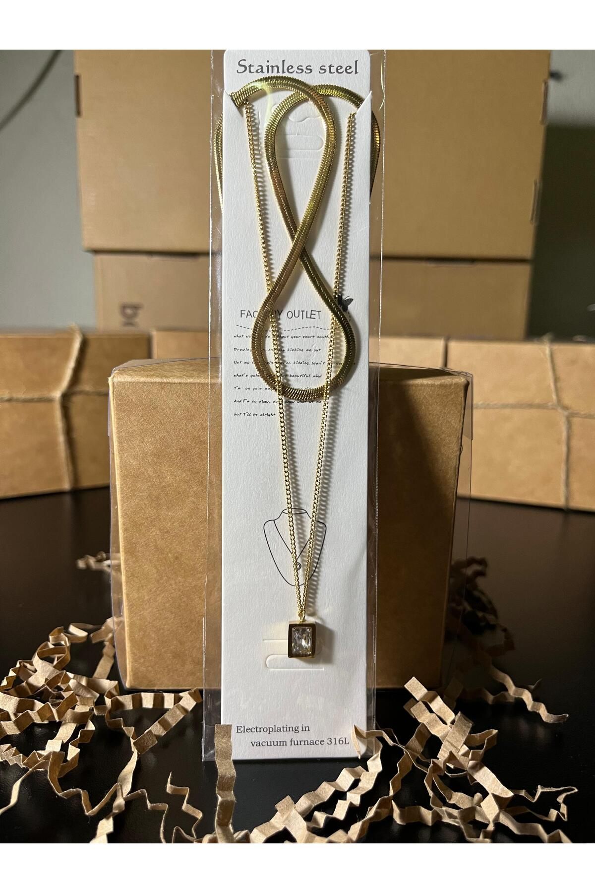 ENA Outlet Çelik Gold Renk İkili İtalyan Zincir Ve Taşlı Kolye