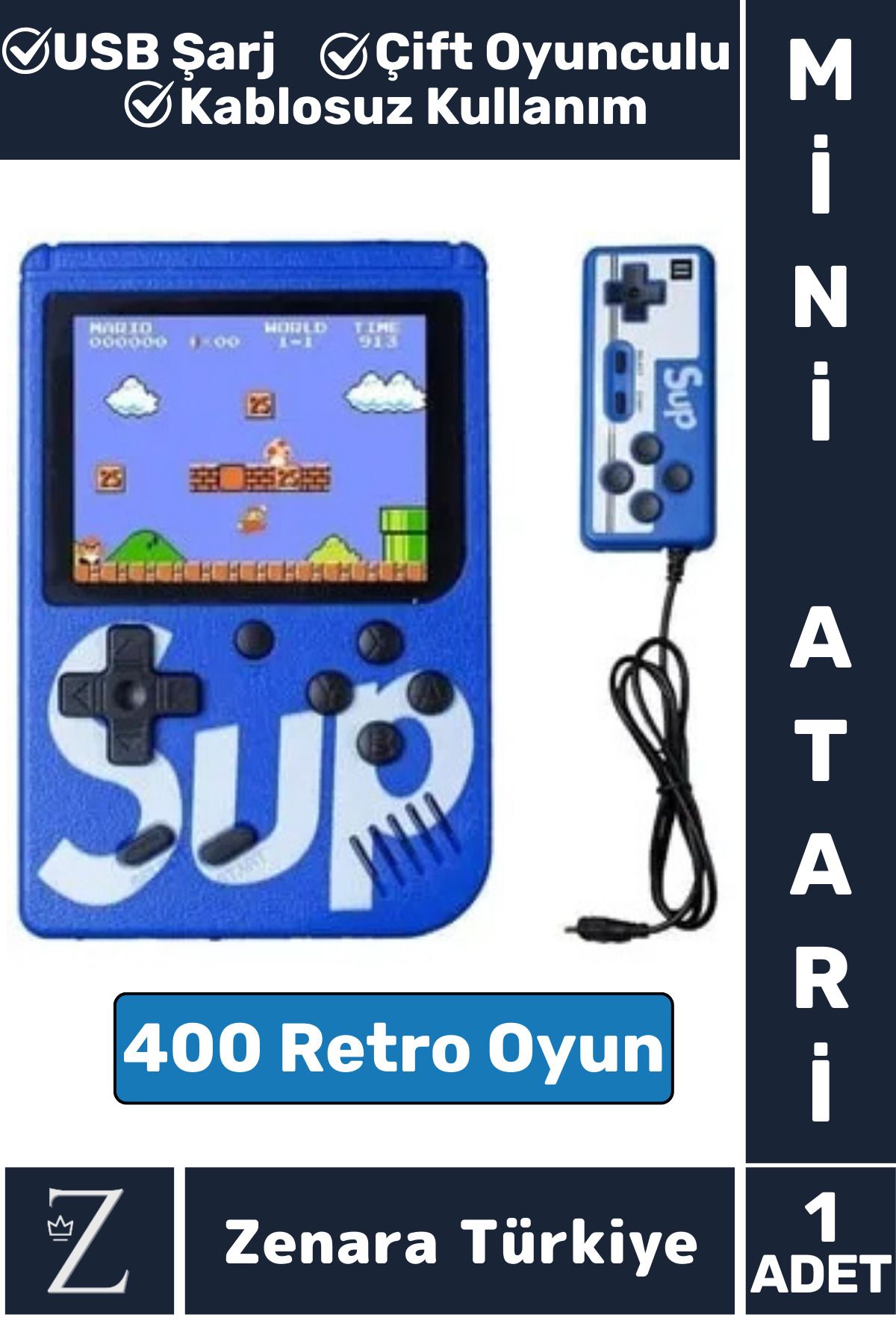 Zenara Taşınabilir USB Şarjlı Çift Oyunculu Mario Street Fighter Nostalji Retro 400 Oyunlu Mini El Atarisi