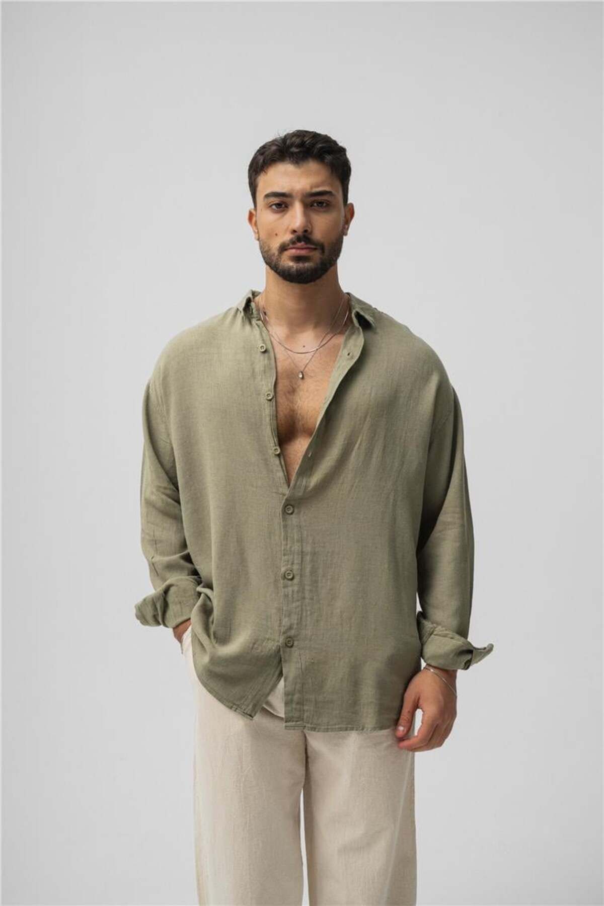 OUTFİT MAN Erkek Basic Keten Oversize Gömlek Haki