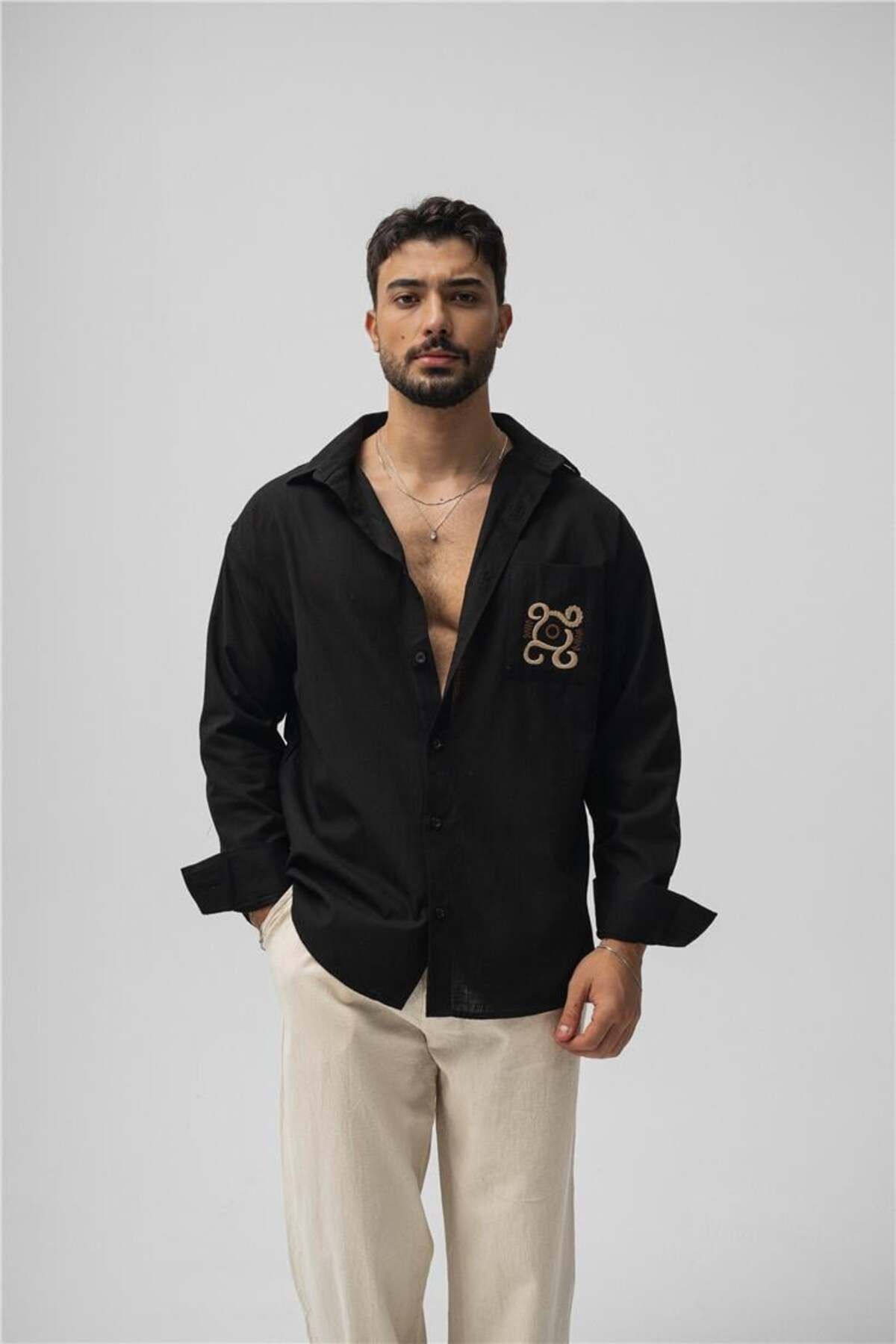 OUTFİT MAN Erkek Keten Cep Detay Oversize Gömlek Siyah