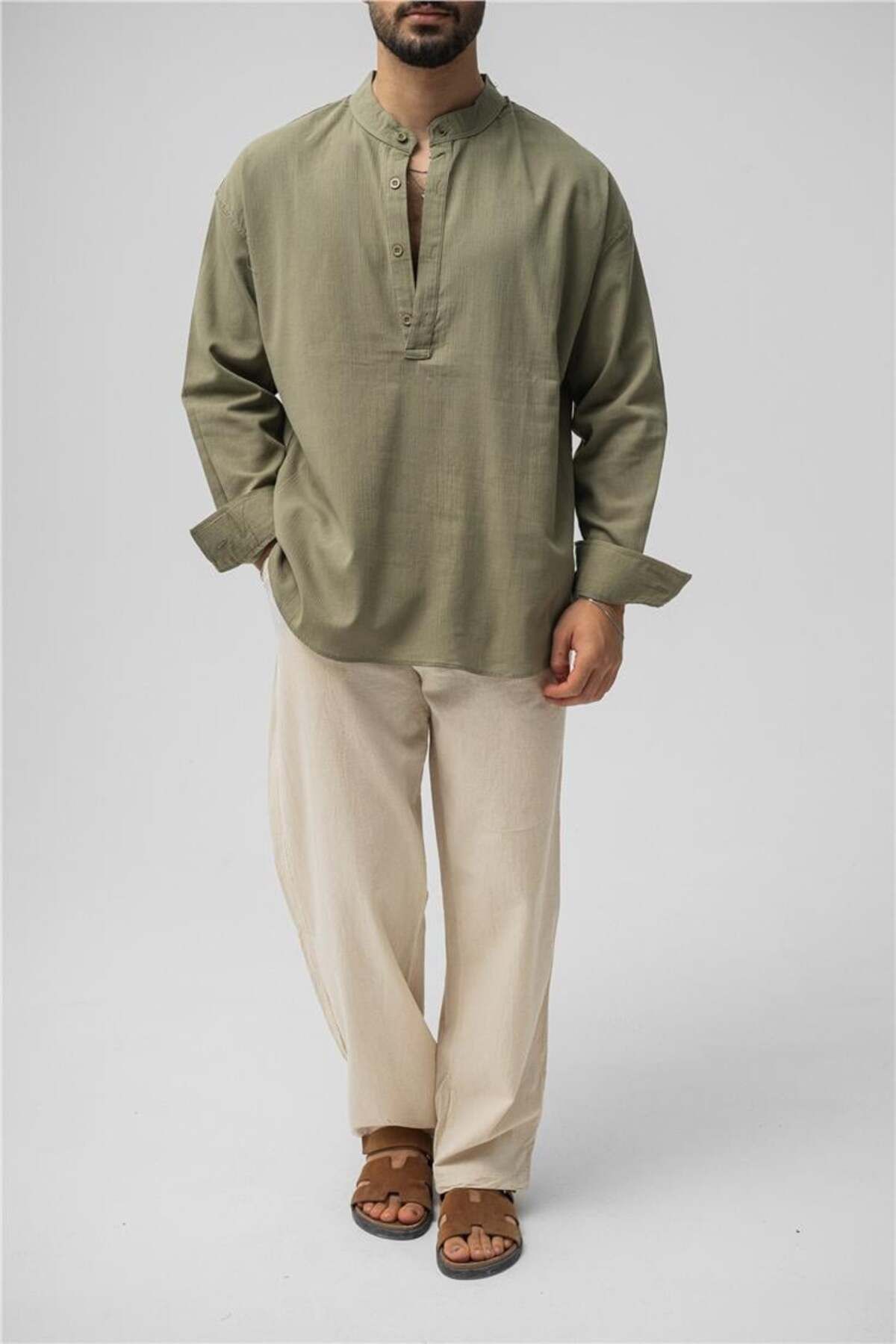 OUTFİT MAN Erkek Oversize Keten T-Shirt Haki
