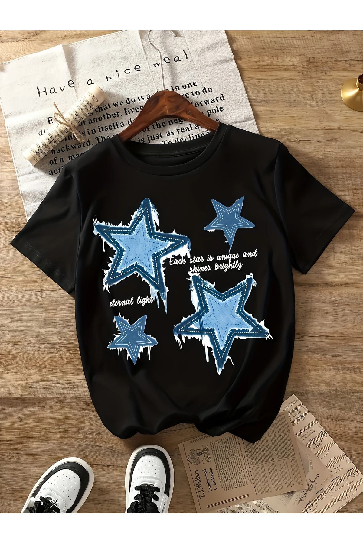Advantage Kadın Yıldız Desenli Oversize %100 Pamuk Premium T-Shirt