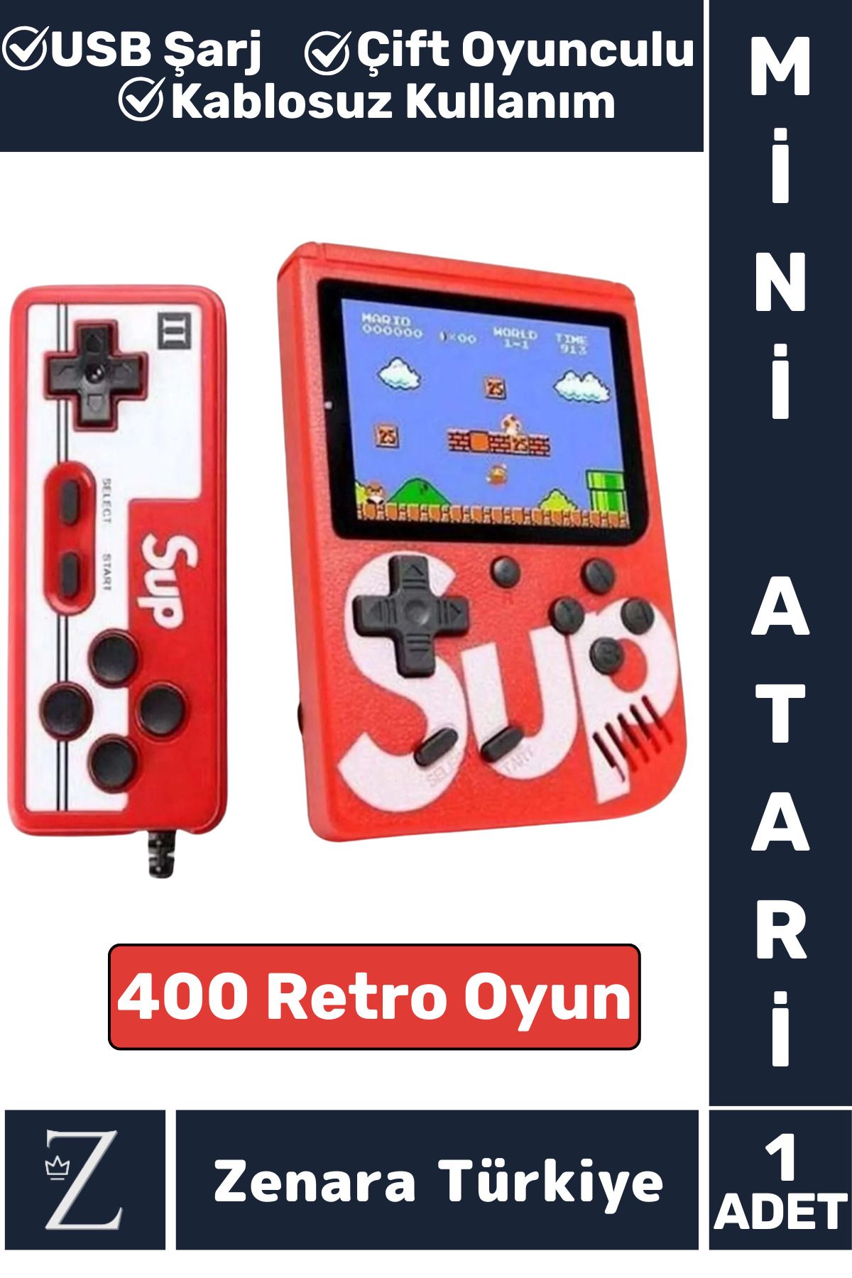 Zenara Taşınabilir USB Şarjlı Çift Oyunculu Mario Street Fighter Nostalji Retro 400 Oyunlu Mini El Atarisi