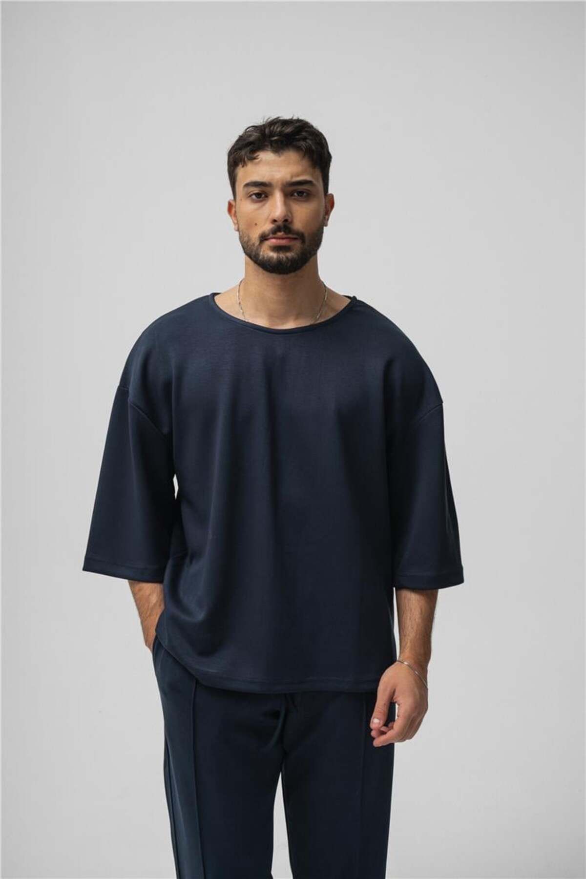 OUTFİT MAN Erkek Basic Fakir Kol Oversize T-Shirt Lacivert