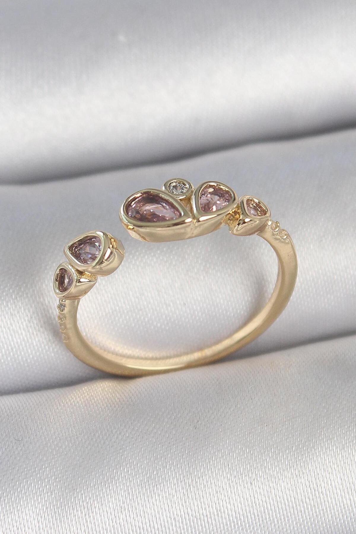 Lunira Pirinç Gold Renk Pembe Damla Zirkon Taşlı Ayarlanabilir Kadın Yüzük