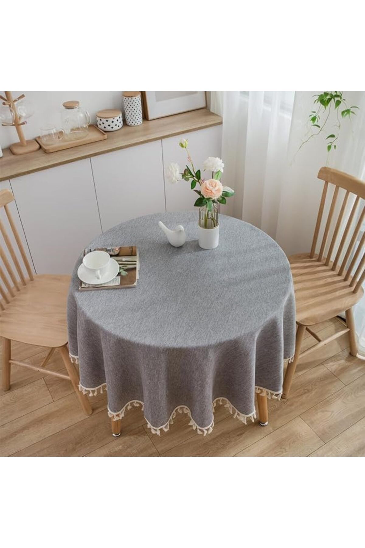 Generic-Tazweeq Round Linen Tablecloth, Rustic Durable Dustproof Tassel Table Cover, Suitable for Kitchen, 2