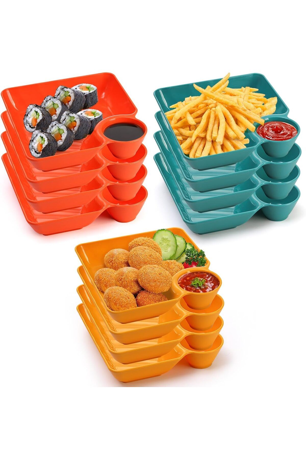 Generic-Tazweeq Chip Dip Serving Platter Set, 12pcs Plastic Dumpling Plates with Sauce Compartment for Appe 1