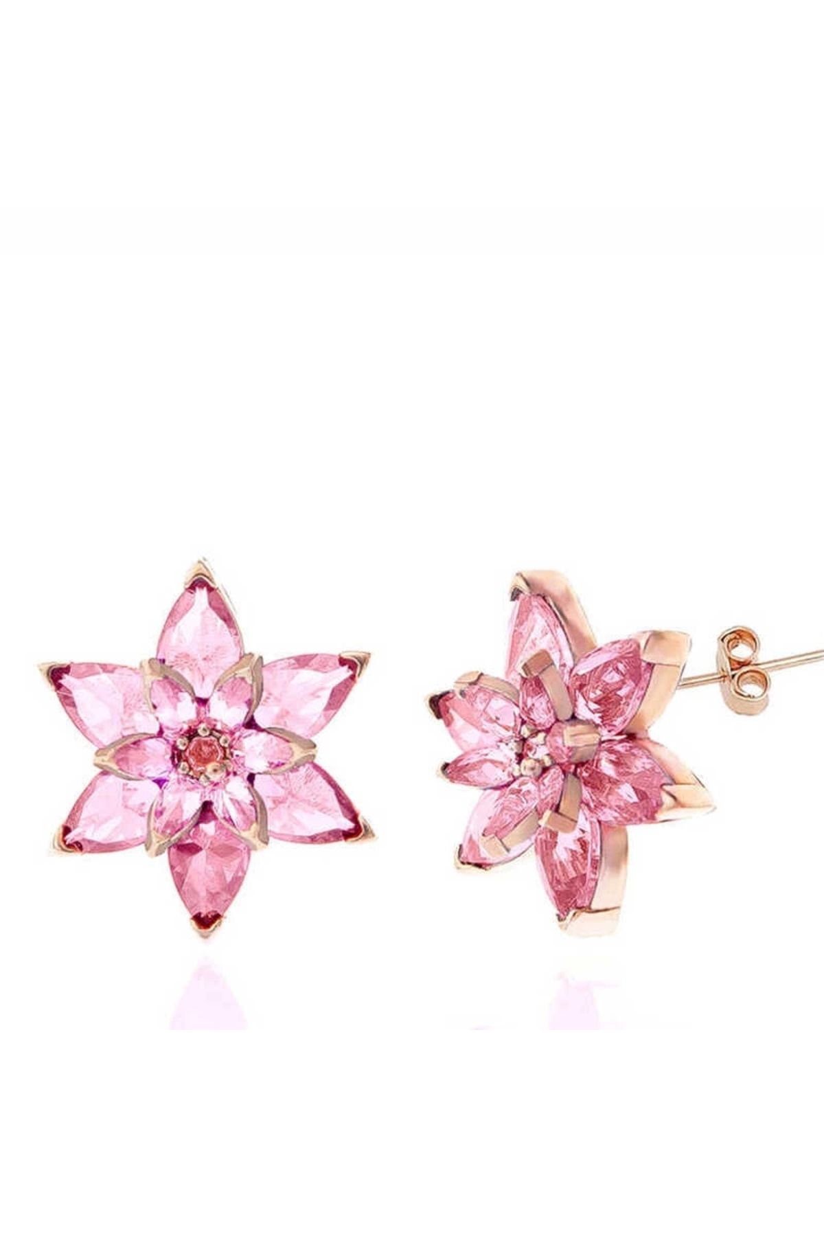luz&pos Gümüş Rose Pembe Lotus Çiçeği Çivili Kadın Küpe