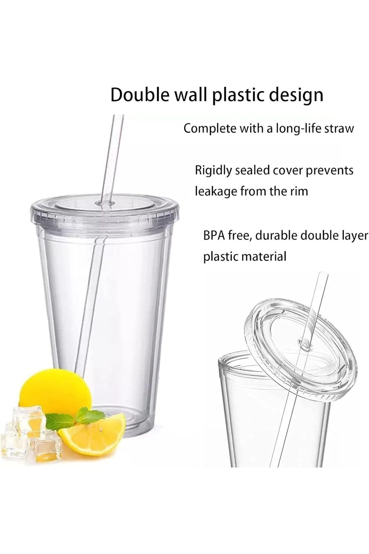 Generic-Plastic Mug Reusable, Double Wall Transparent Drinking Cup With Straw, Reusable Mug Suitable For Fr 2