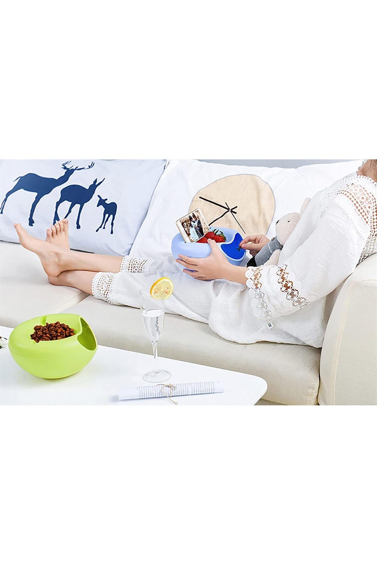 Generic-Lazy Snack Bowl Plastic Double-Layer Snack Storage Box Bowl Fruit Bowl and Mobile Phone Bracket Cha 4